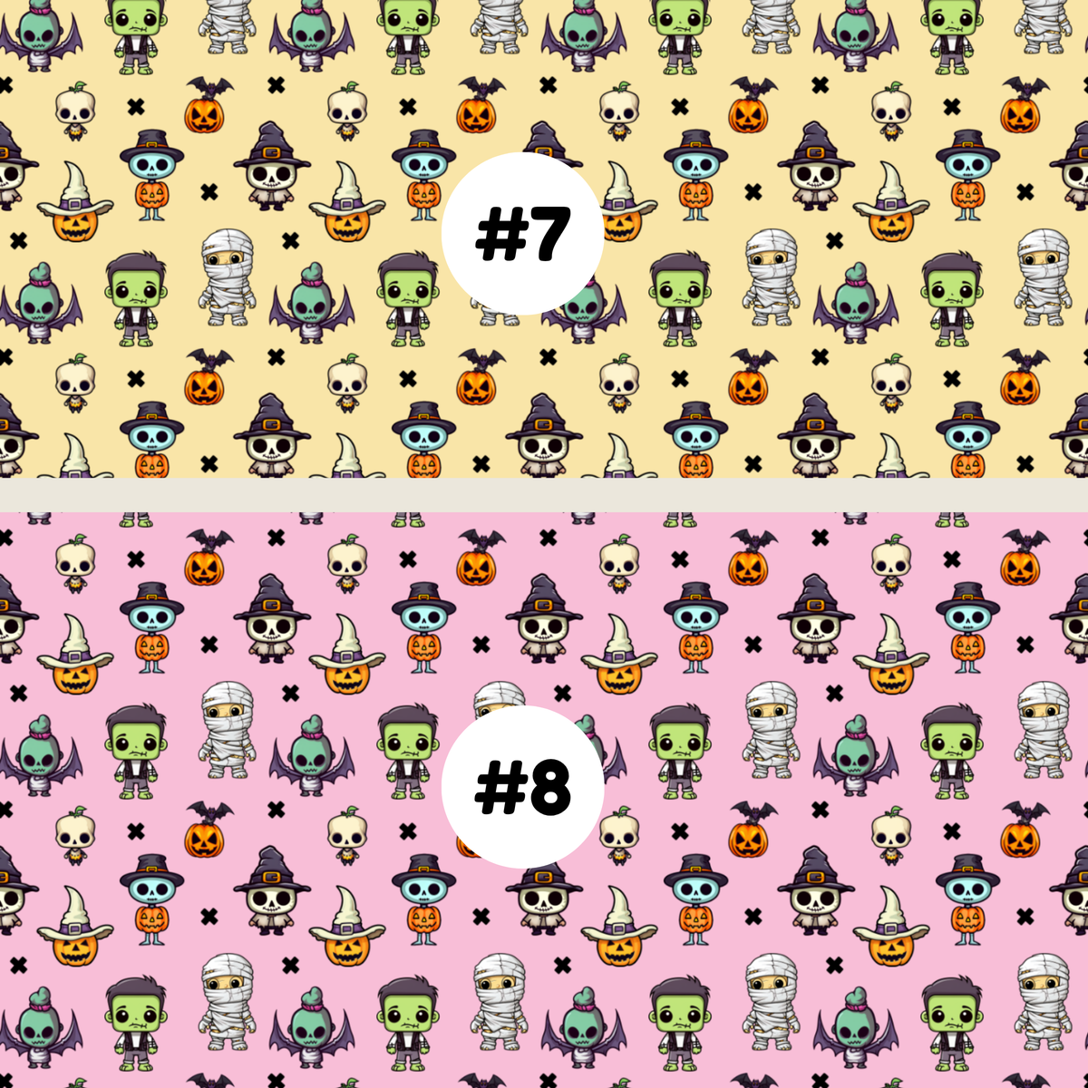 Two Halloween-themed repeating pattern swatches labeled #7 and #8. The top pattern #7 has a yellow background with cartoon mummies, skulls, bats, ghosts, and pumpkins.
 The bottom pattern #8 has a pink background with cartoon mummies, skulls, bats, ghosts, and pumpkins.