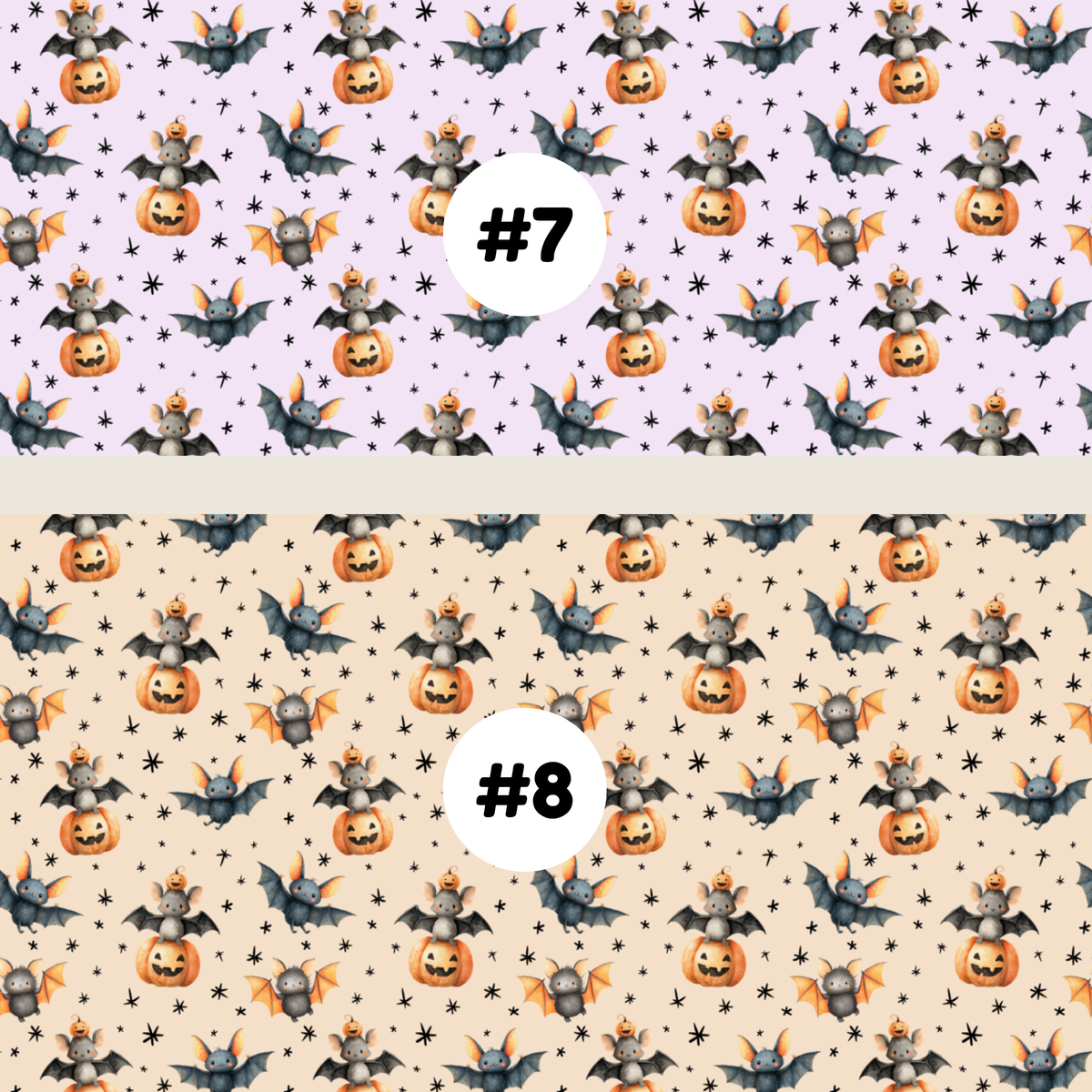 Two Halloween-themed tubie tape pattern options labeled #7 and #8. The top pattern #7 features a lilac background with orange pumpkins, gray bats, and small golden stars.
The bottom pattern #8 features a cream background with orange pumpkins, gray bats, and small golden stars.