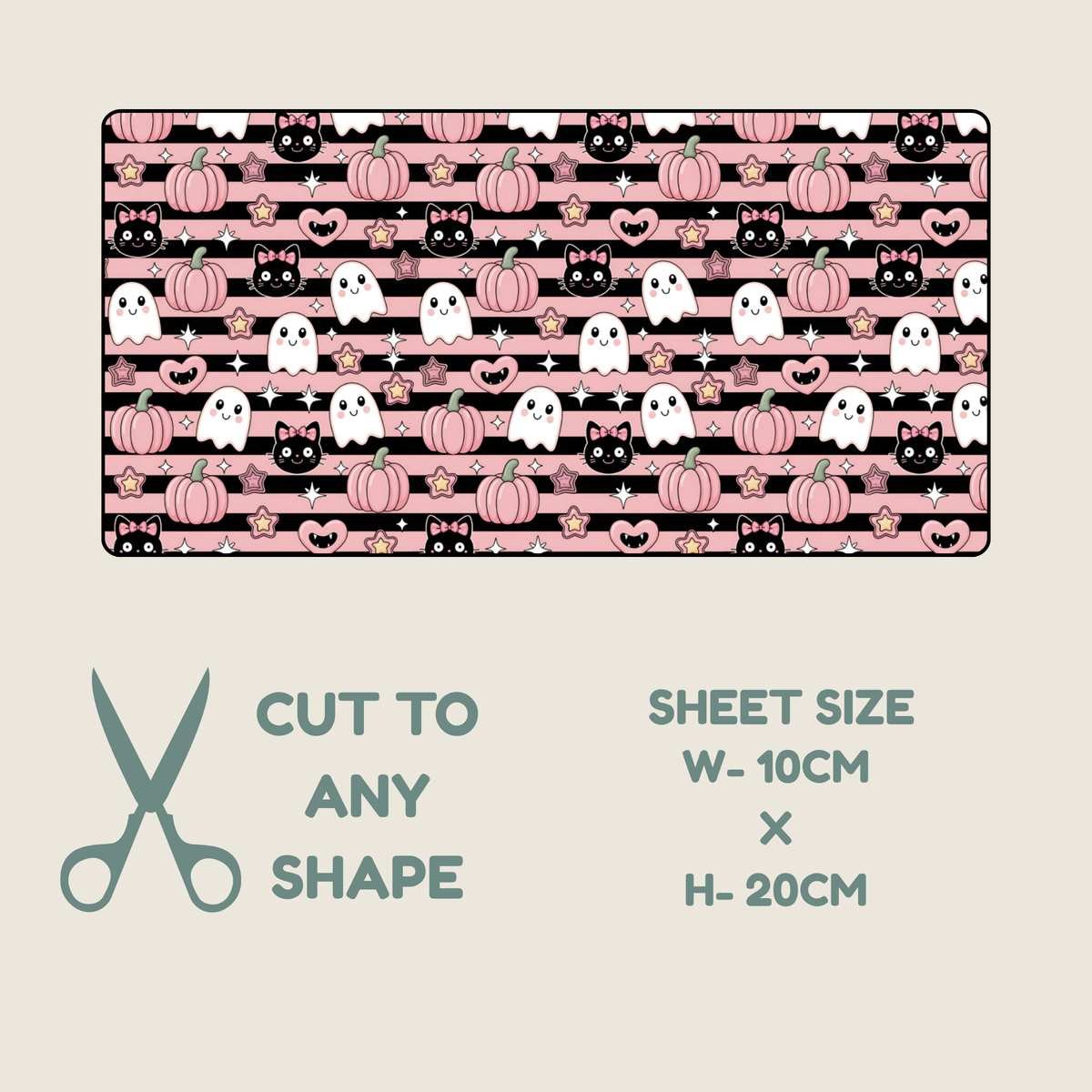  Tubie tape with a repeating Halloween pattern featuring pink pumpkins, white ghosts, black cats, and small hearts on a pink striped background.