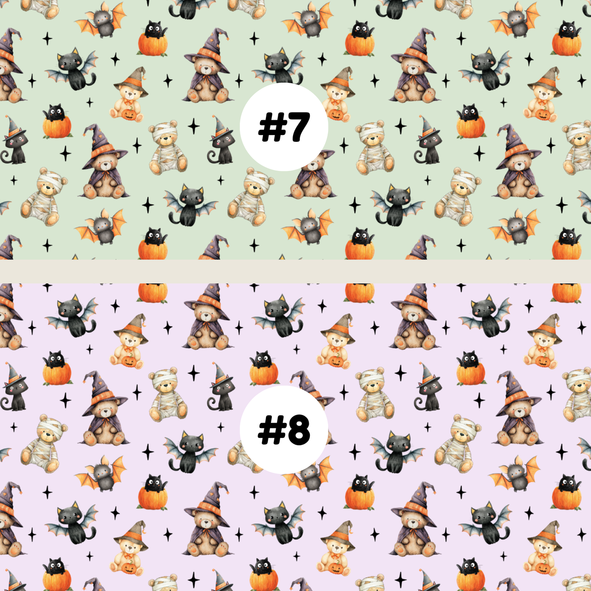 Two Halloween-themed repeating pattern swatches labeled #7 and #8. The top pattern #7 features teddy bears in witch hats, black cats, bats, and pumpkins on a pale green background.
The bottom pattern #8 features teddy bears in witch hats, black cats, bats, and pumpkins on a pale lilac background.