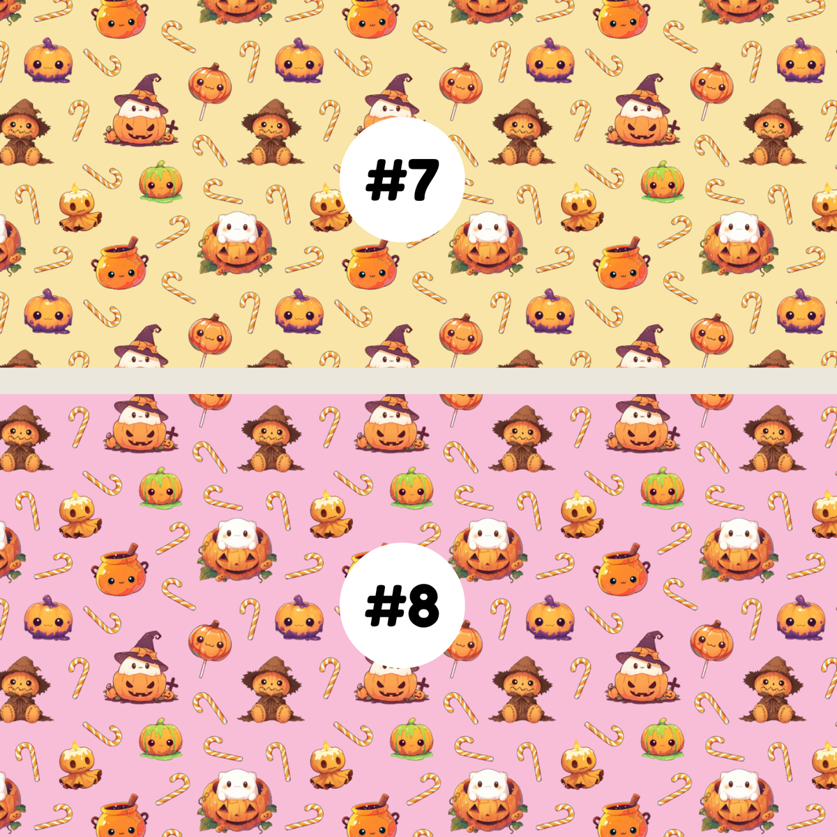Two Halloween-themed repeating pattern swatches labeled #7 and #8. The top swatch #7 has a yellow background with orange pumpkins, candy canes, and witch hats.
The bottom swatch #8 has a pink background with orange pumpkins, candy canes, and witch hats.