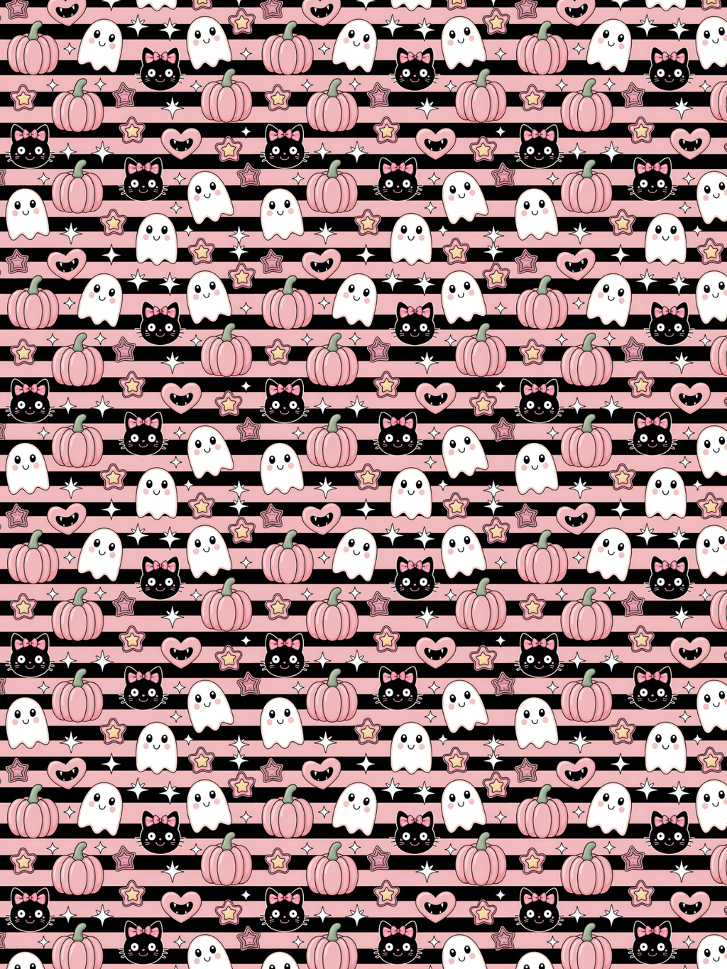 Tubie tape with a repeating Halloween pattern featuring pink pumpkins, white ghosts, black cats, and small hearts on a pink striped background.