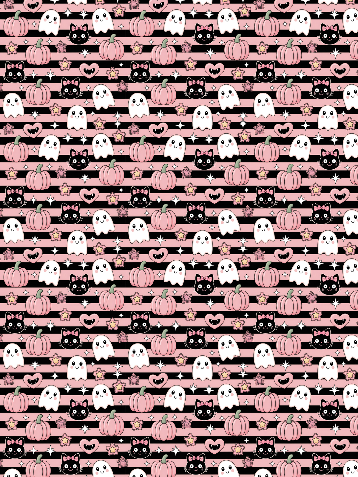  Tubie tape with a repeating Halloween pattern featuring pink pumpkins, white ghosts, black cats, and small hearts on a pink striped background.