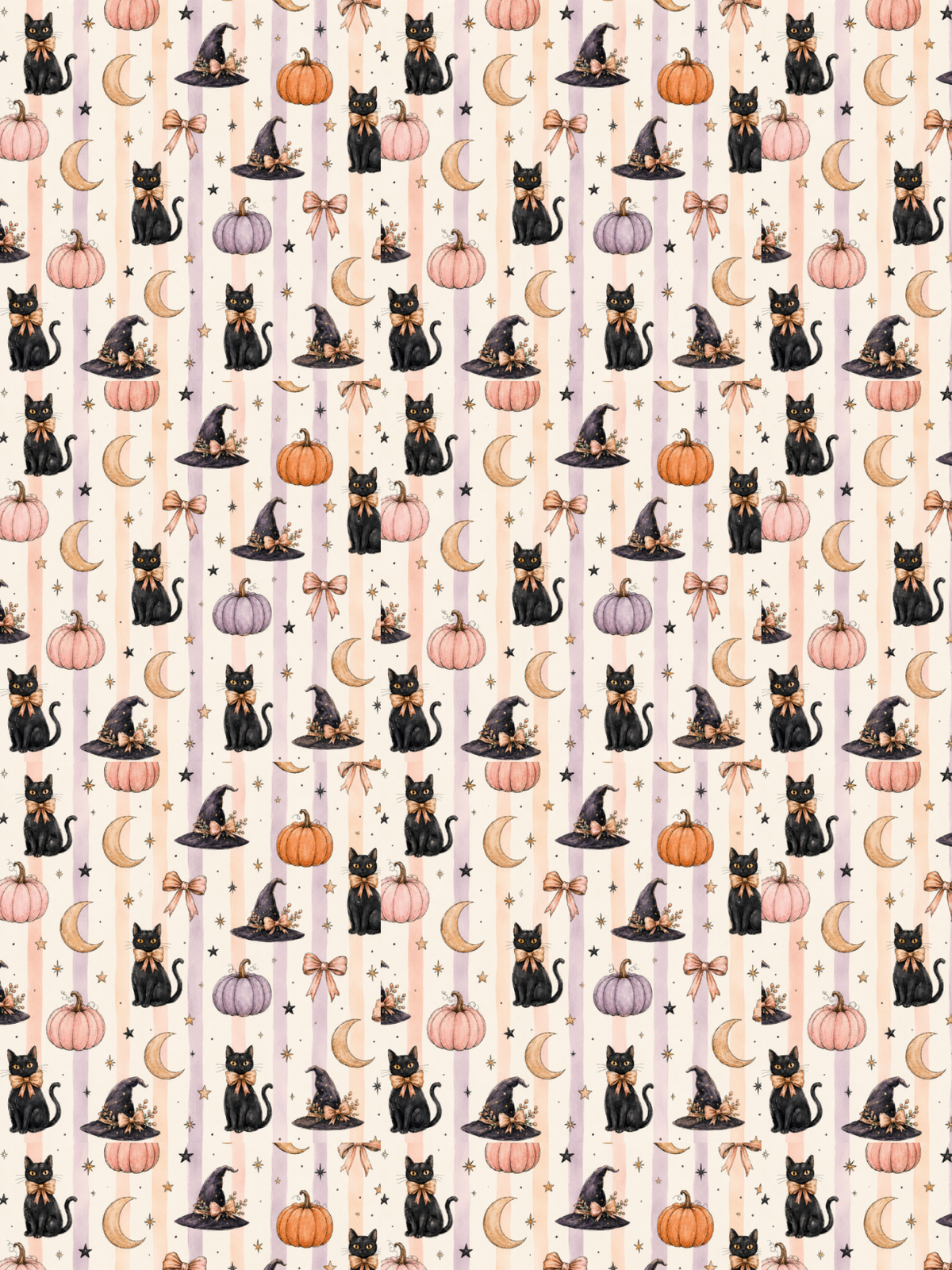 Hypoallergenic tube tape with a repeating Halloween-themed pattern featuring black cats wearing witch hats, orange pumpkins, pastel moons, and bows on a cream striped background.