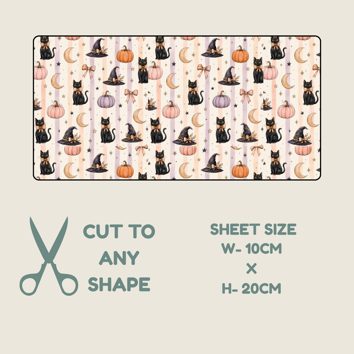 A fabric tubie tape swatch showing a Halloween-themed print with black cats, pumpkins, witch hats, and crescent moons on a cream background, plus text below stating 'CUT TO ANY SHAPE' and 'SHEET SIZE W-10CM x H-20CM'.