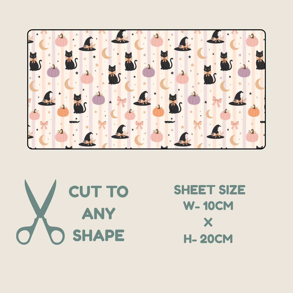 Hypoallergenic tubie tape with a Halloween-themed print of black cats, pumpkins, witch hats, and moons on a cream and pink striped background, shown with text indicating sheet size 10cm x 20cm and the option to cut to any shape.