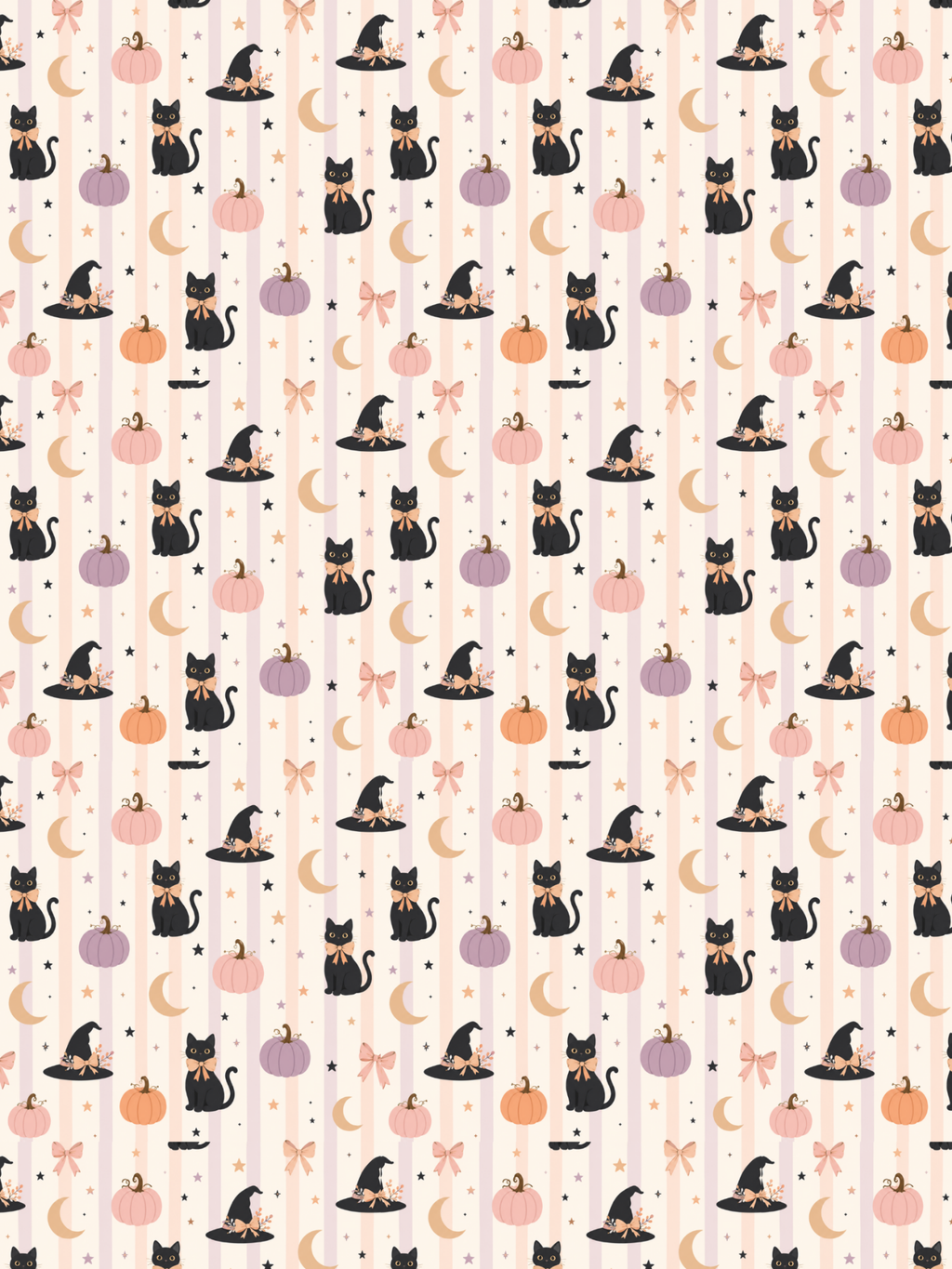 A repeating Halloween-themed pattern featuring black cats in witch hats, pumpkins, crescent moons, stars, and pink bows on a pale pink striped background.