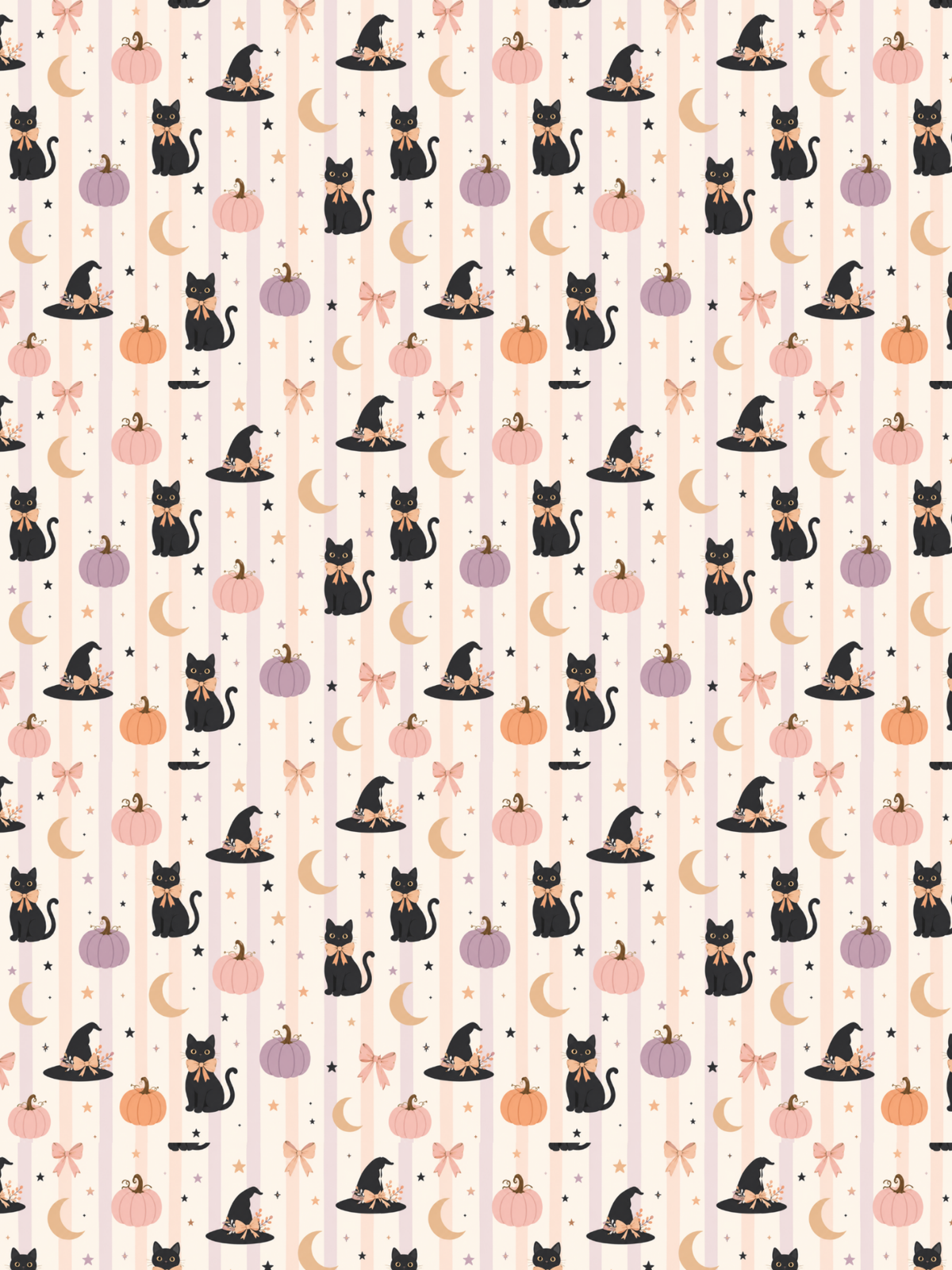 A repeating Halloween-themed pattern featuring black cats in witch hats, pumpkins, crescent moons, stars, and pink bows on a pale pink striped background.