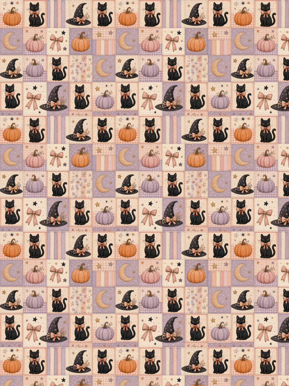 Hypoallergenic tube tape with a  repeating halloween-themed pattern featuring black cats in witch hats, orange pumpkins, pastel pumpkins, moons, stars, and bows on lavender and cream backgrounds