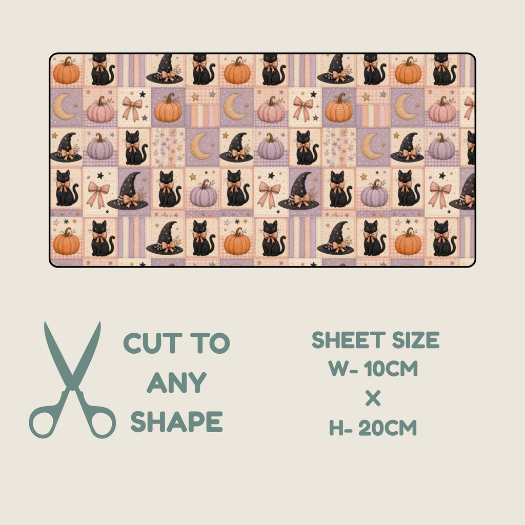 A rectangular fabric tubie tape sheet with a repeating Halloween patchwork pattern of black cats, pumpkins, witch hats, and moons on pastel purple and beige squares, shown above a beige background with text reading 'CUT TO ANY SHAPE' and 'SHEET SIZE W-10CM X H-20CM'.