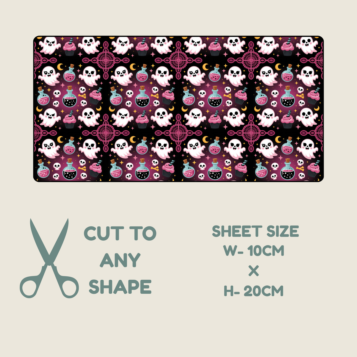 A rectangular sheet of patterned fabric tube tape with a repeating Halloween design, shown on a light beige background with text reading 'CUT TO ANY SHAPE' and 'SHEET SIZE W-10CM x H-20CM'. The design features black, pink, white, and purple motifs including skulls, ghosts, potions, and moons.