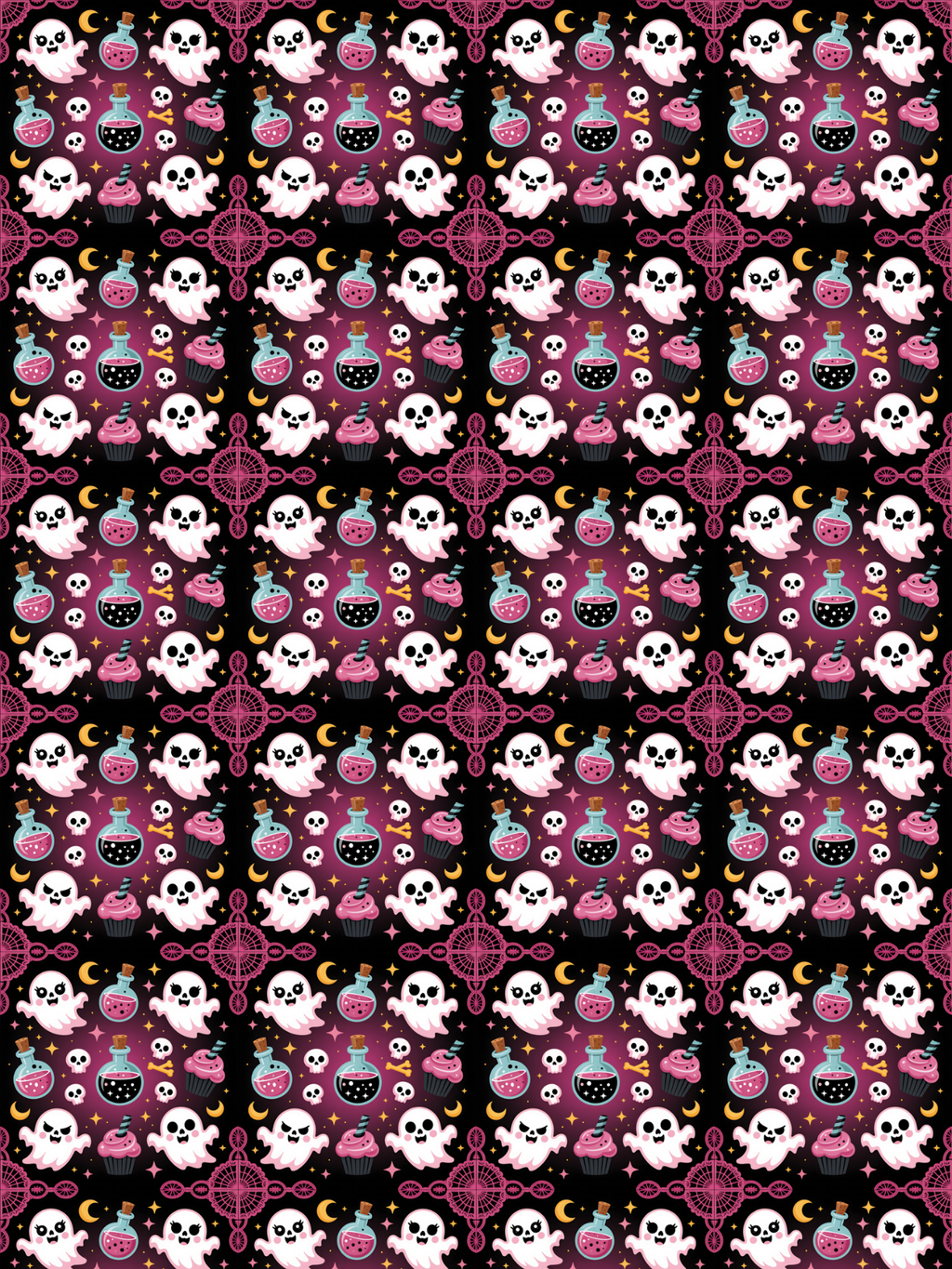 Tubie tape with a repeating Halloween-themed pattern featuring white cartoon ghosts, pink skulls, purple potion bottles, black crows, and yellow crescent moons on a dark background.