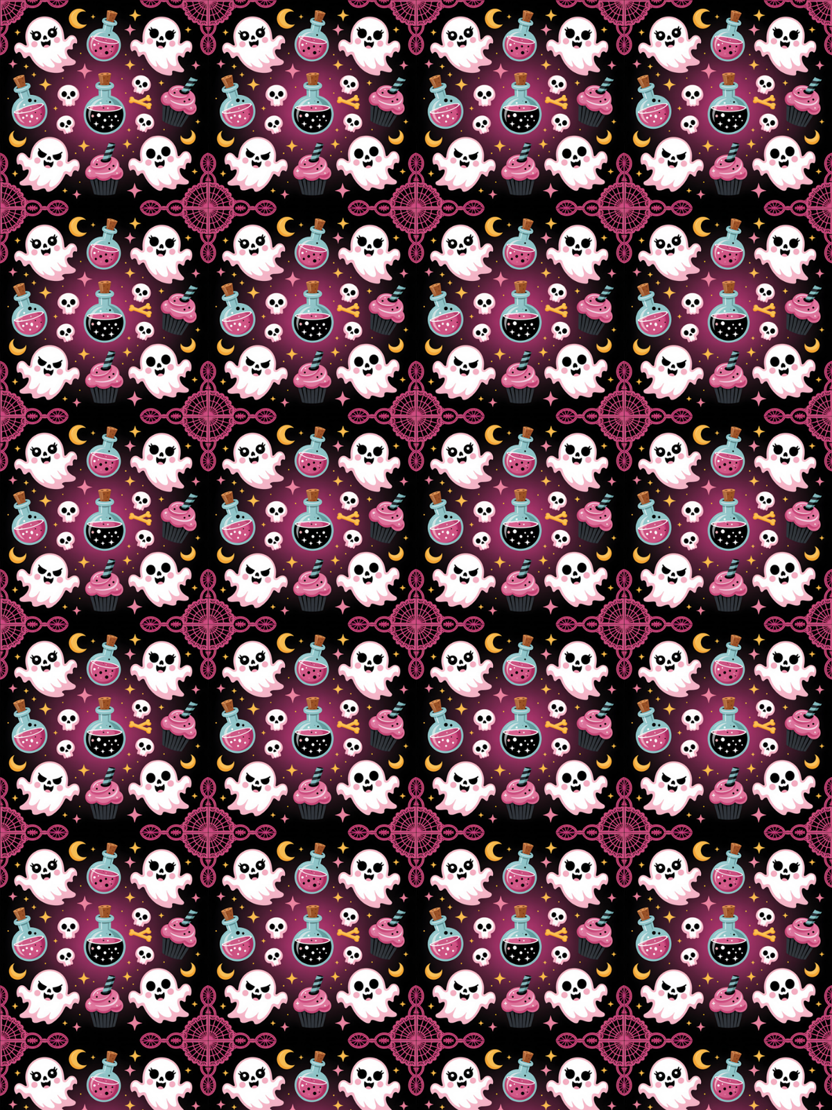 Tubie tape with a repeating Halloween-themed pattern featuring white cartoon ghosts, pink skulls, purple potion bottles, black crows, and yellow crescent moons on a dark background.
