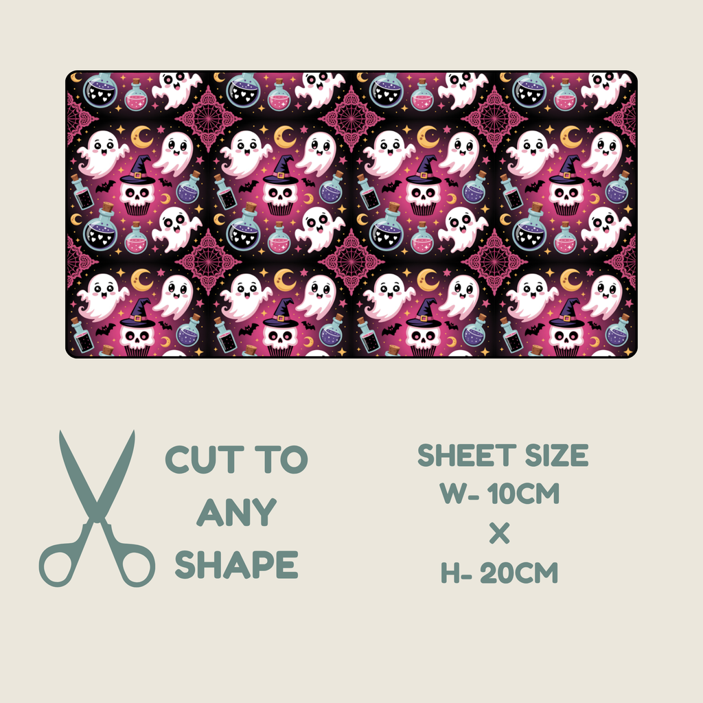 A rectangular sheet of hypoallergenic  tape with a repeating Halloween pattern of white ghosts, black cats, pink moons, and purple cauldrons on a black background, shown above a beige panel with scissors and text reading 'CUT TO ANY SHAPE' and 'SHEET SIZE W-10CM x H-20CM'.