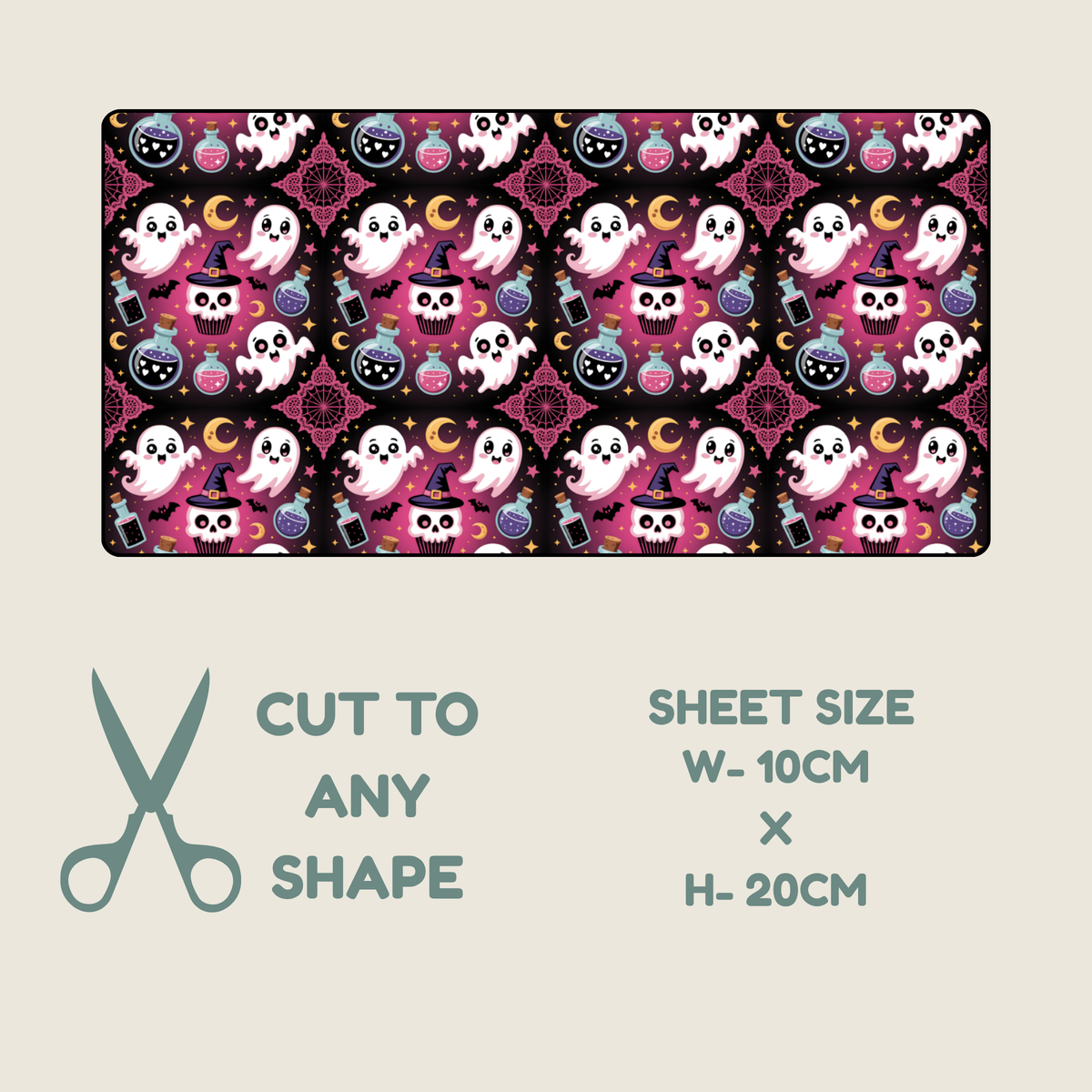 A rectangular sheet of hypoallergenic  tape with a repeating Halloween pattern of white ghosts, black cats, pink moons, and purple cauldrons on a black background, shown above a beige panel with scissors and text reading 'CUT TO ANY SHAPE' and 'SHEET SIZE W-10CM x H-20CM'.