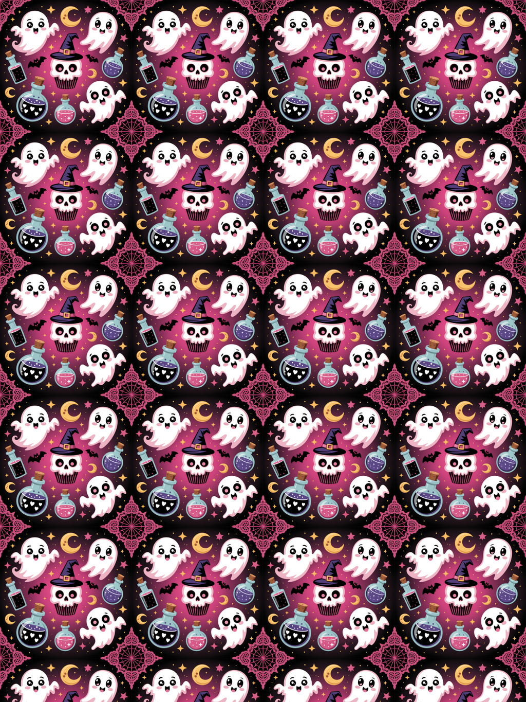  Tubie tape with a repeating Halloween pattern featuring cartoon ghosts, skulls, witch hats, cauldrons, bottles, and crescent moons on a dark background.