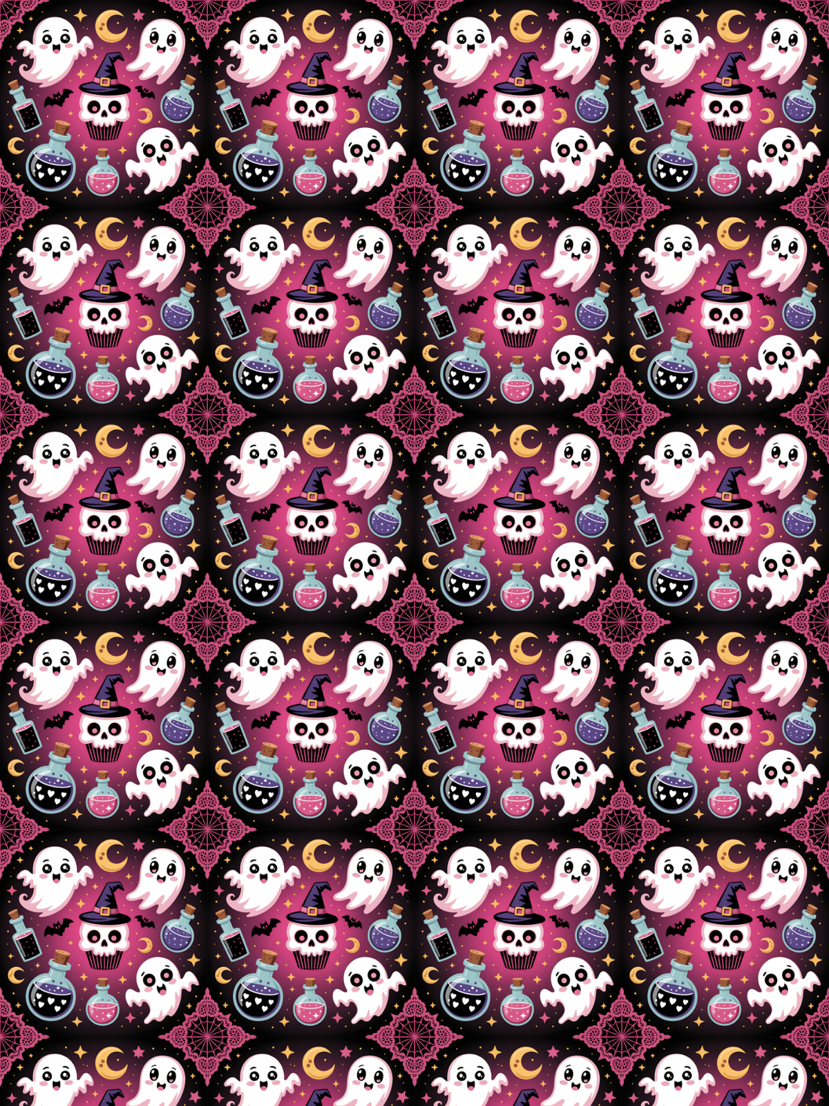  Tubie tape with a repeating Halloween pattern featuring cartoon ghosts, skulls, witch hats, cauldrons, bottles, and crescent moons on a dark background.