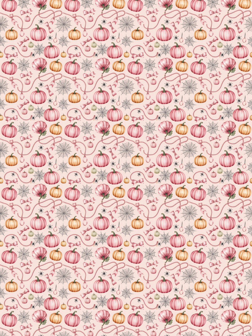 Tubie tape with A repeating autumn pattern featuring pink and orange pumpkins, delicate vines, small leaves, and gray starburst motifs on a pale blush background.