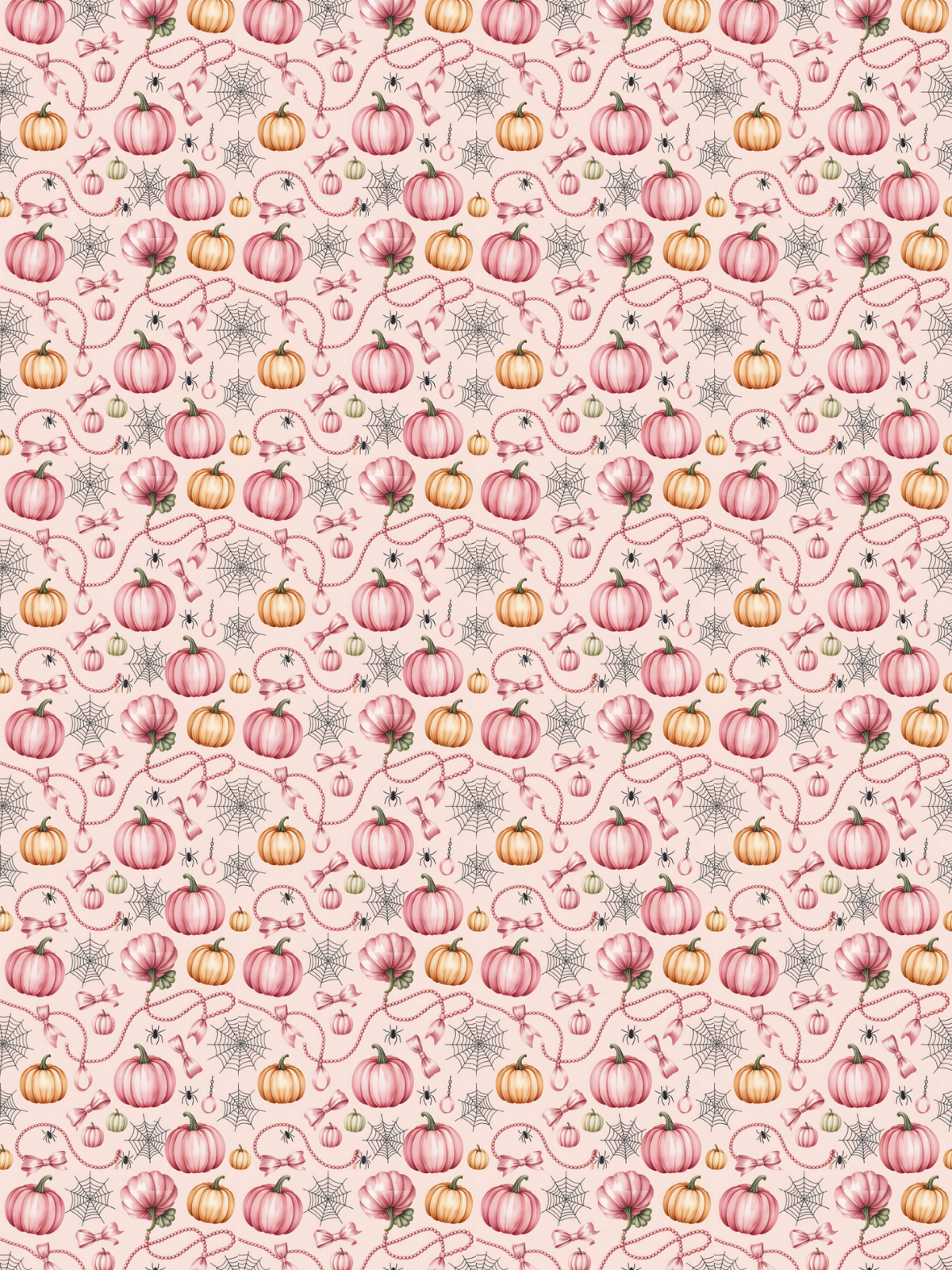 Tubie tape with A repeating autumn pattern featuring pink and orange pumpkins, delicate vines, small leaves, and gray starburst motifs on a pale blush background.