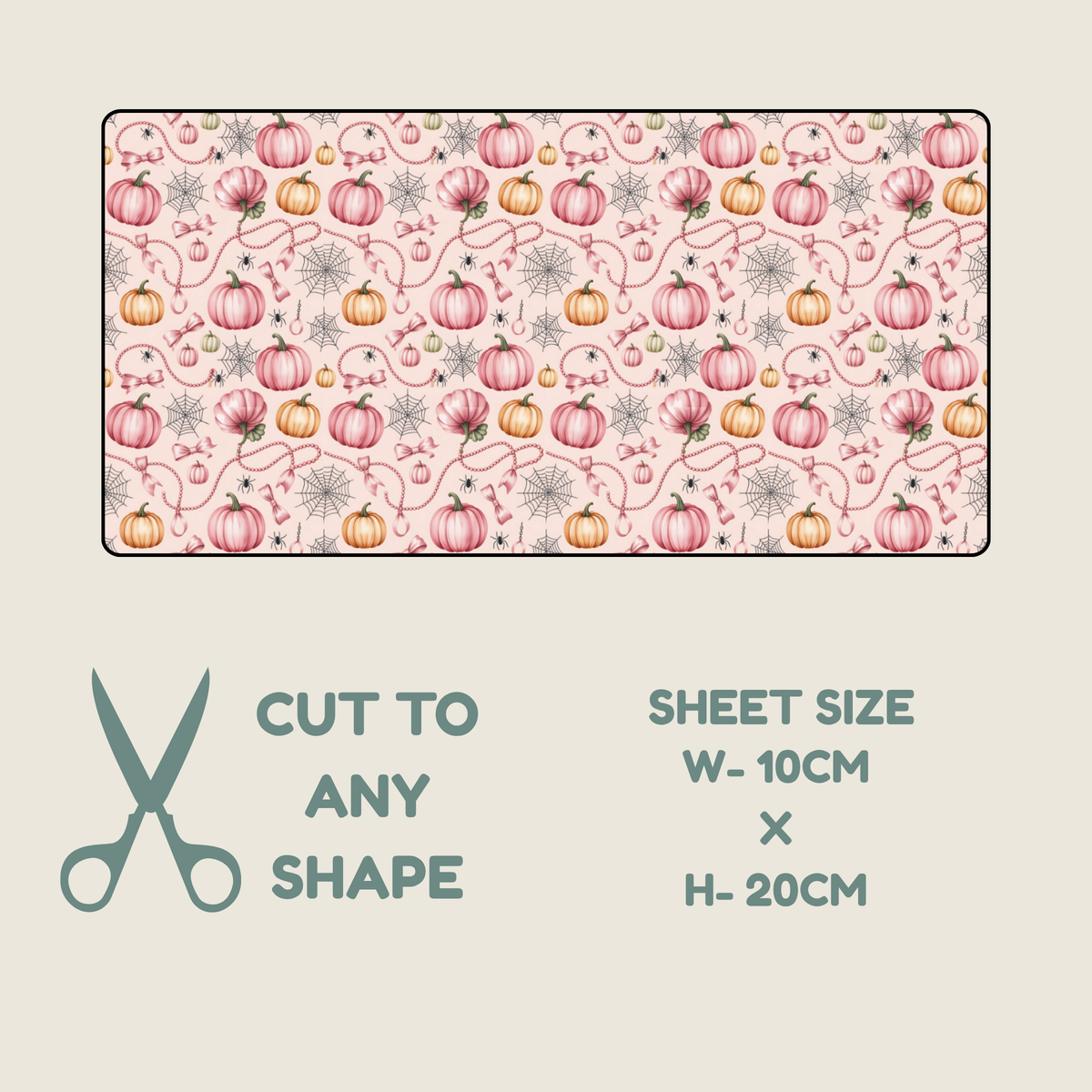A rectangular fabric tubie tape with a repeating autumn pattern of pink and orange pumpkins, green vines, and gray starbursts on a pale pink background, shown above a beige panel with text reading 'CUT TO ANY SHAPE', 'SHEET SIZE W-10CM x H-20CM', and a scissors icon.