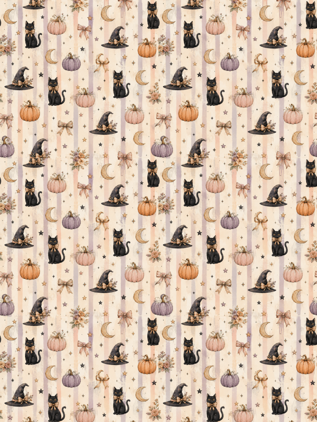 Tubie tape with a repeating Halloween-themed pattern featuring black cats in witch hats, orange and purple pumpkins, cream moons, stars, and bows on a light beige striped background.