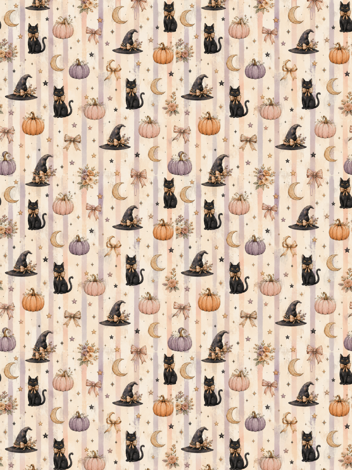Tubie tape with a repeating Halloween-themed pattern featuring black cats in witch hats, orange and purple pumpkins, cream moons, stars, and bows on a light beige striped background.