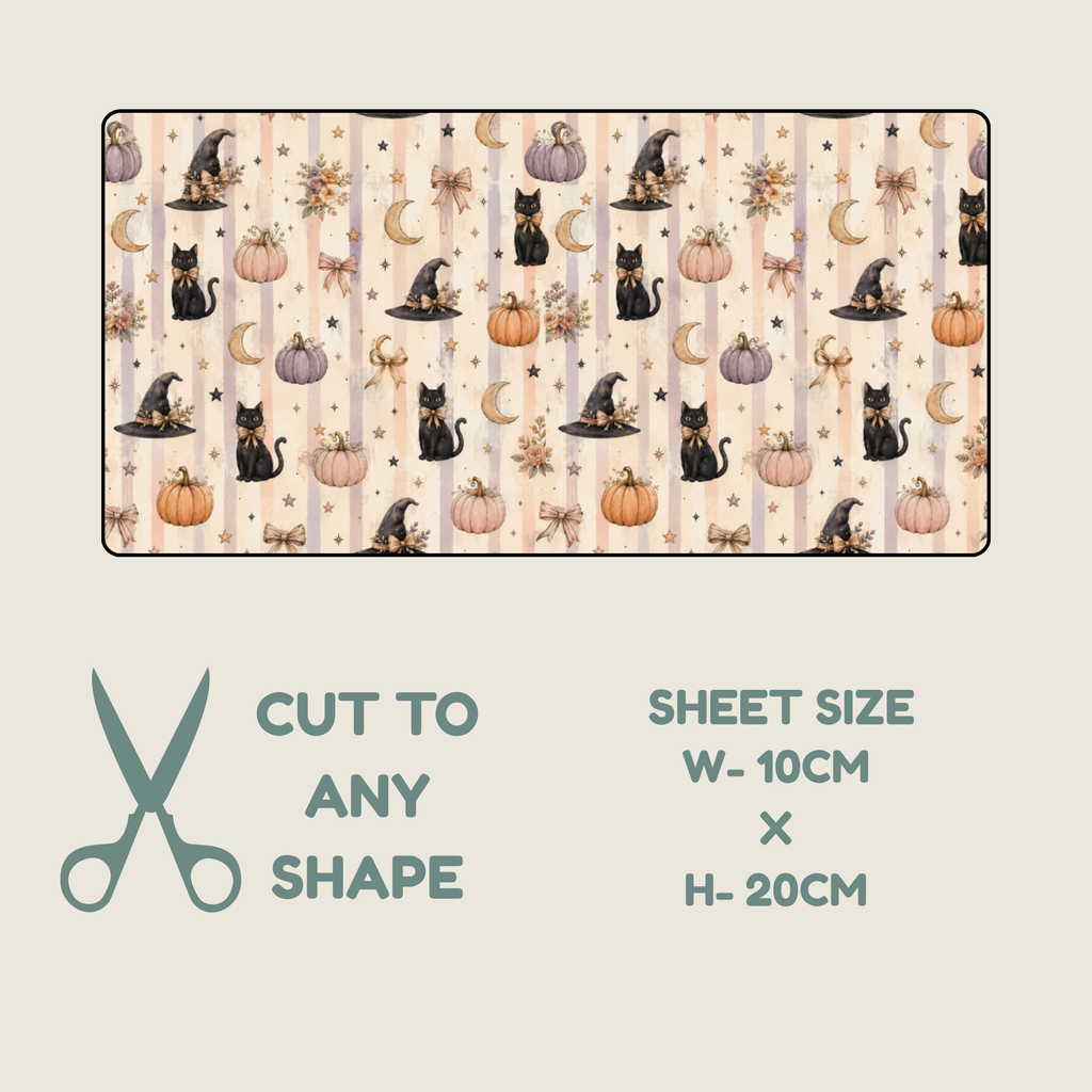 A Halloween-themed tubie tape sheet with a repeating print of witch cats, pumpkins, and moons on a beige striped background, shown with text indicating sheet size 10cm x 20cm and the option to cut to any shape.
