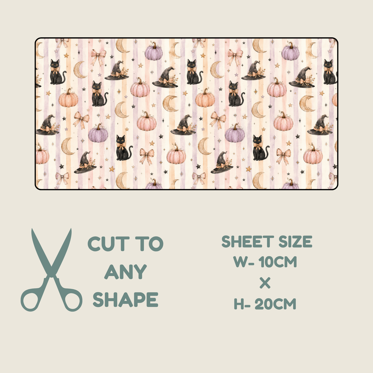 A rectangular tubie tape with a repeating Halloween-style print of black cats, pumpkins, witch hats, and crescent moons on a pale pink striped background, shown with text reading 'CUT TO ANY SHAPE' and 'SHEET SIZE W-10CM x H-20CM' on a light beige background.