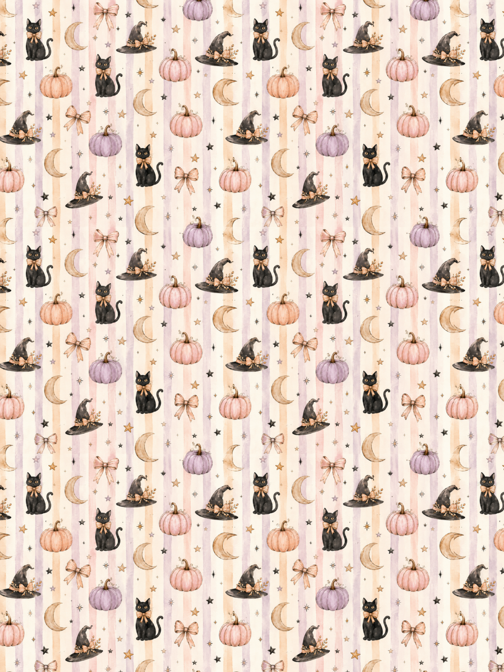 A repeating Halloween-themed pattern tubie tape featuring black cats on witch hats, pumpkins, crescent moons, stars, and bows on a pale striped background.