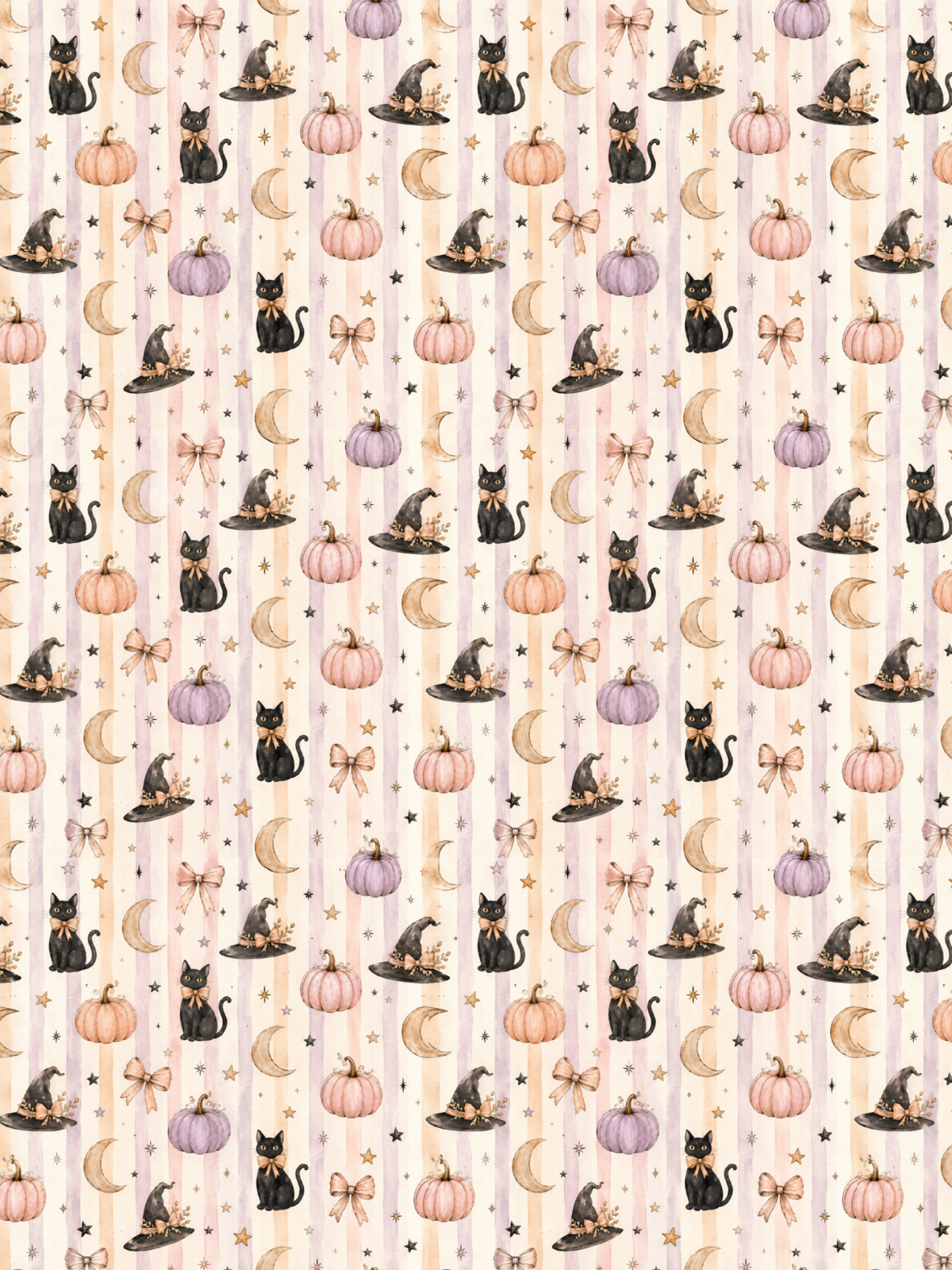 A repeating Halloween-themed pattern tubie tape featuring black cats on witch hats, pumpkins, crescent moons, stars, and bows on a pale striped background.
