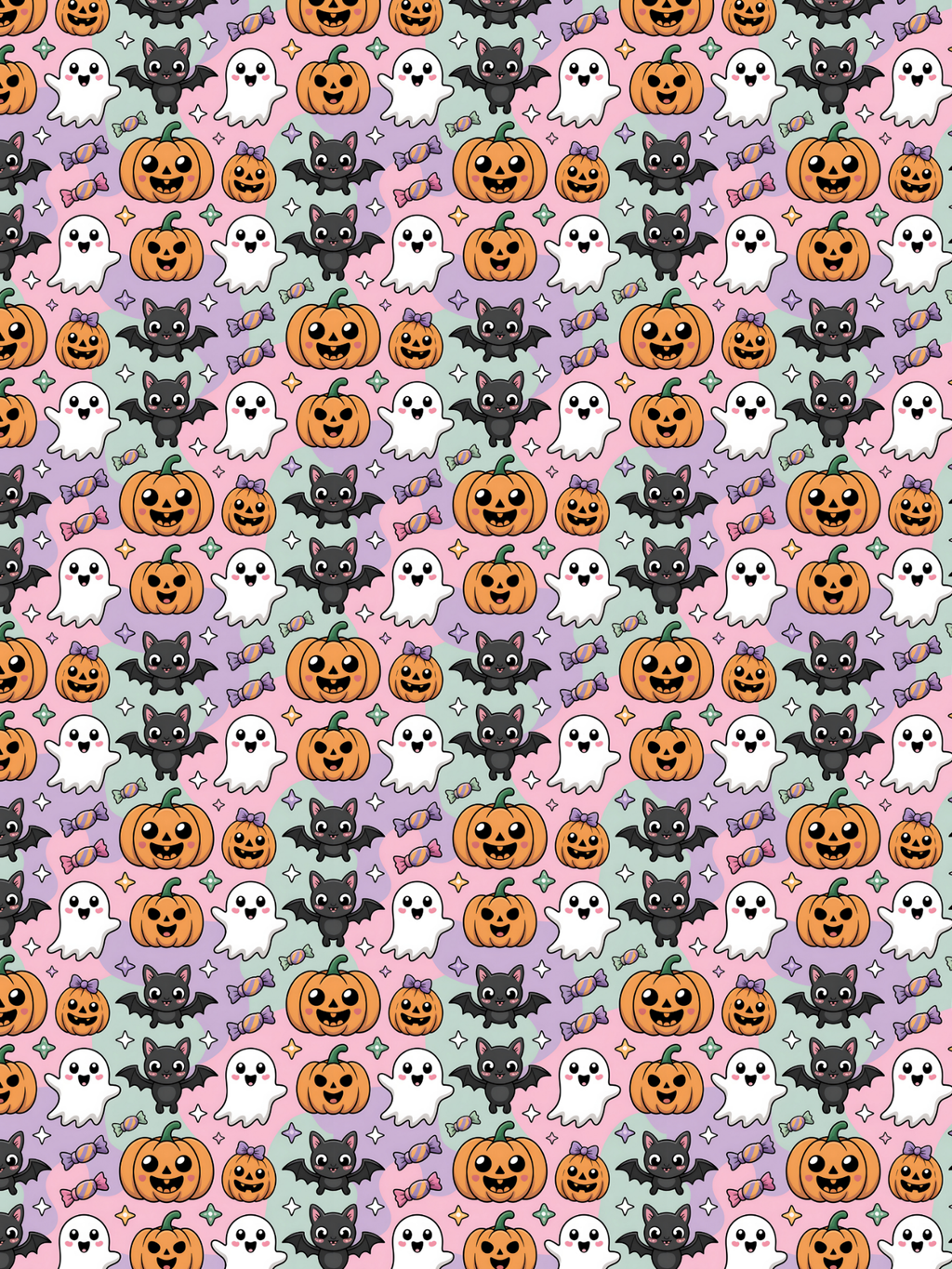 tubie tape with A repeating Halloween pattern featuring orange jack-o'-lantern pumpkins, black bats, white ghosts, and small candy motifs on pastel pink, lavender, mint, and light blue backgrounds.