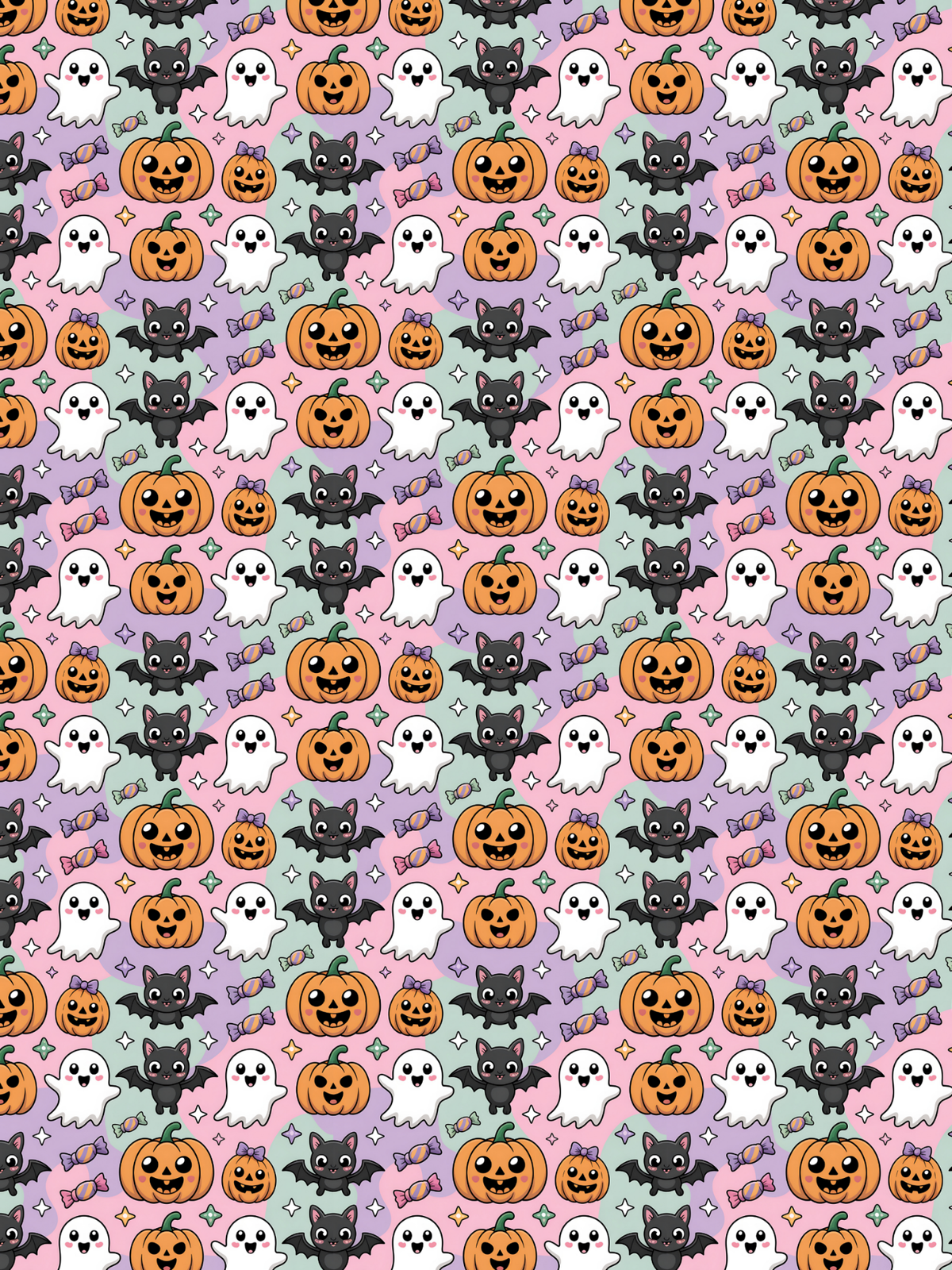 tubie tape with A repeating Halloween pattern featuring orange jack-o'-lantern pumpkins, black bats, white ghosts, and small candy motifs on pastel pink, lavender, mint, and light blue backgrounds.