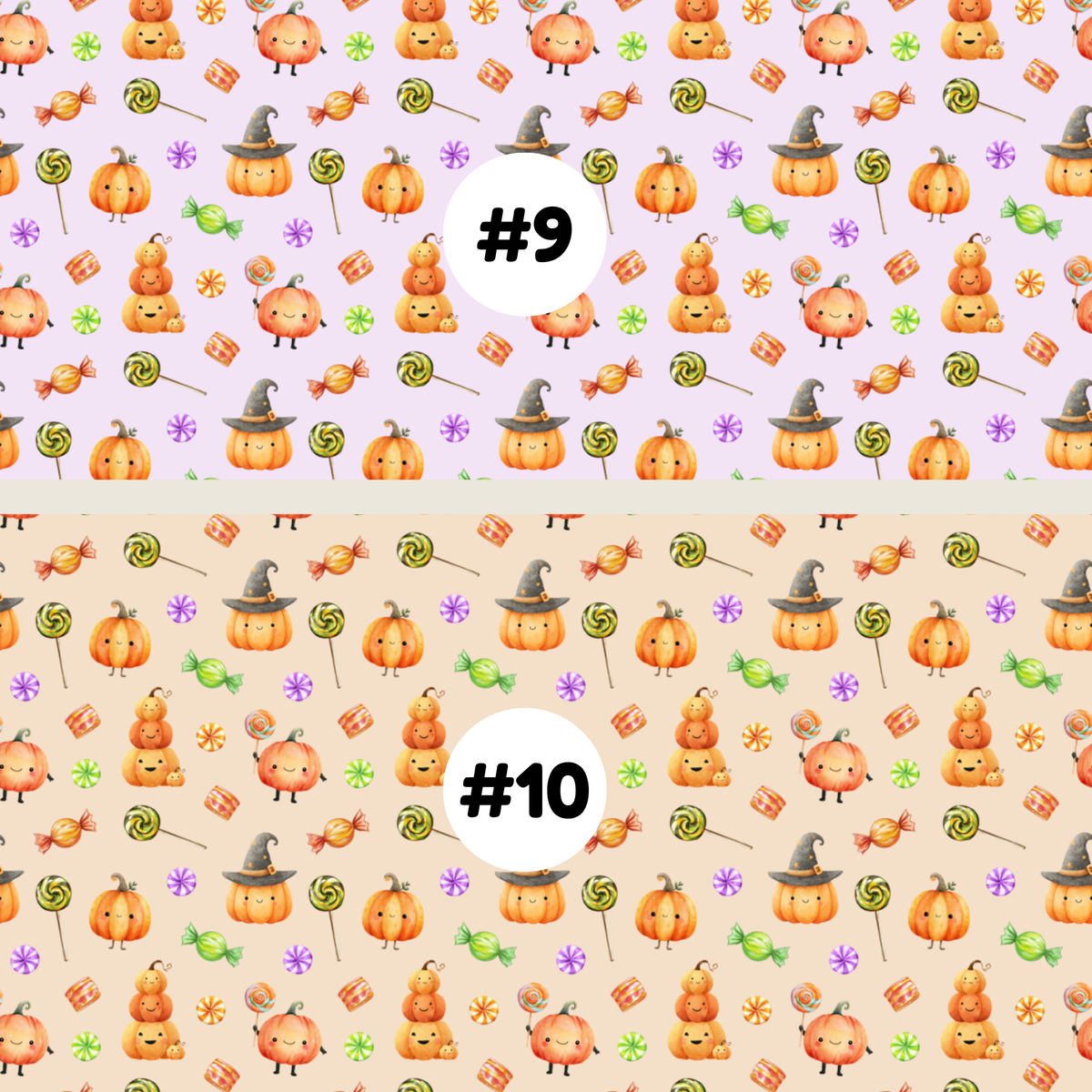 Two Halloween-themed repeating pattern swatches labeled #9 and #10. The top swatch #9 has a light lila background with orange pumpkins, lollipops, sweets, and witch hats.
The bottom swatch #10 has a light peach background with orange pumpkins, lollipops, sweets, and witch hats.