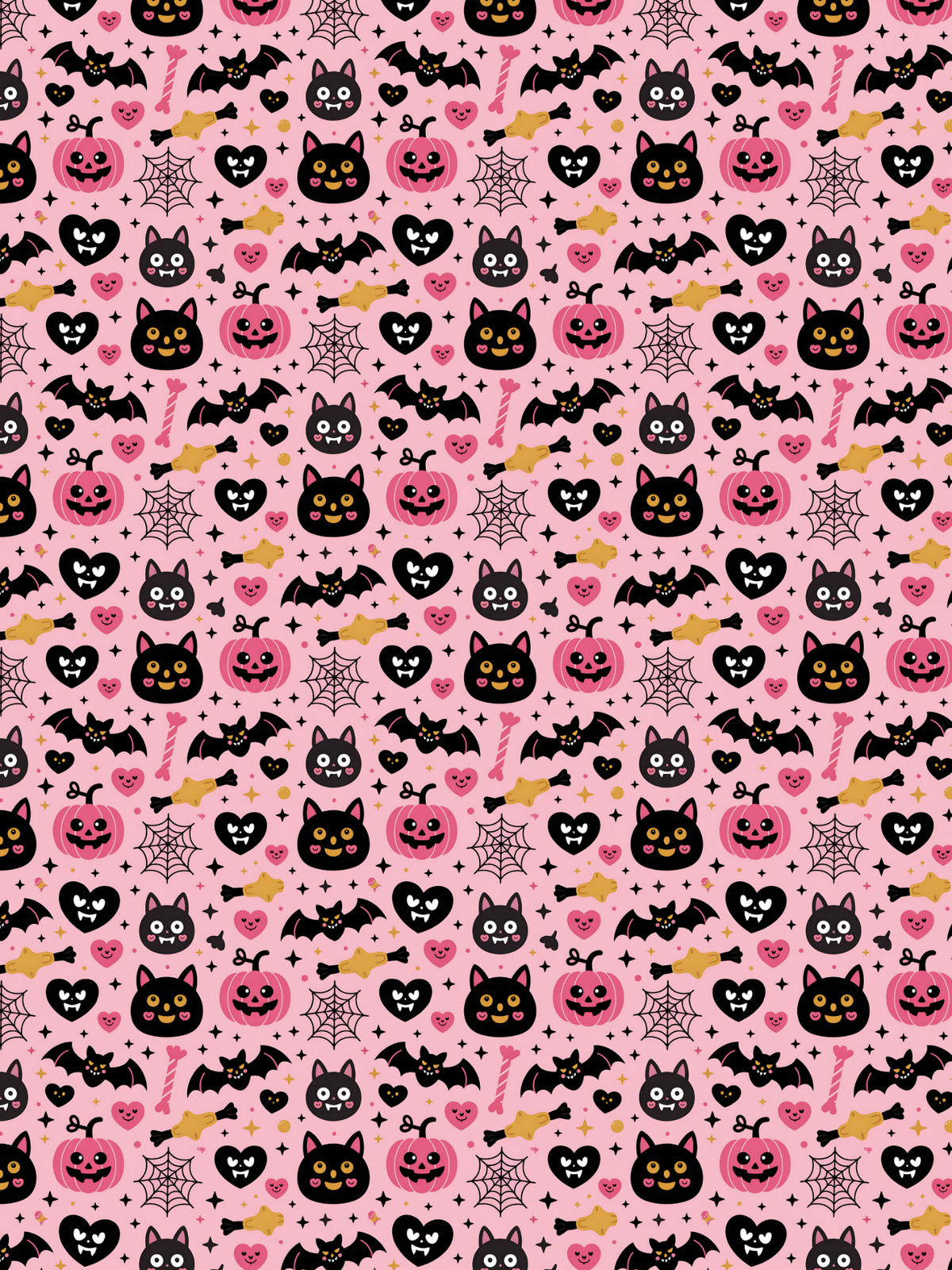  Tubie tape with a repeating Halloween pattern of black cats, pumpkins, bats, spiders, and hearts on a pink background, 