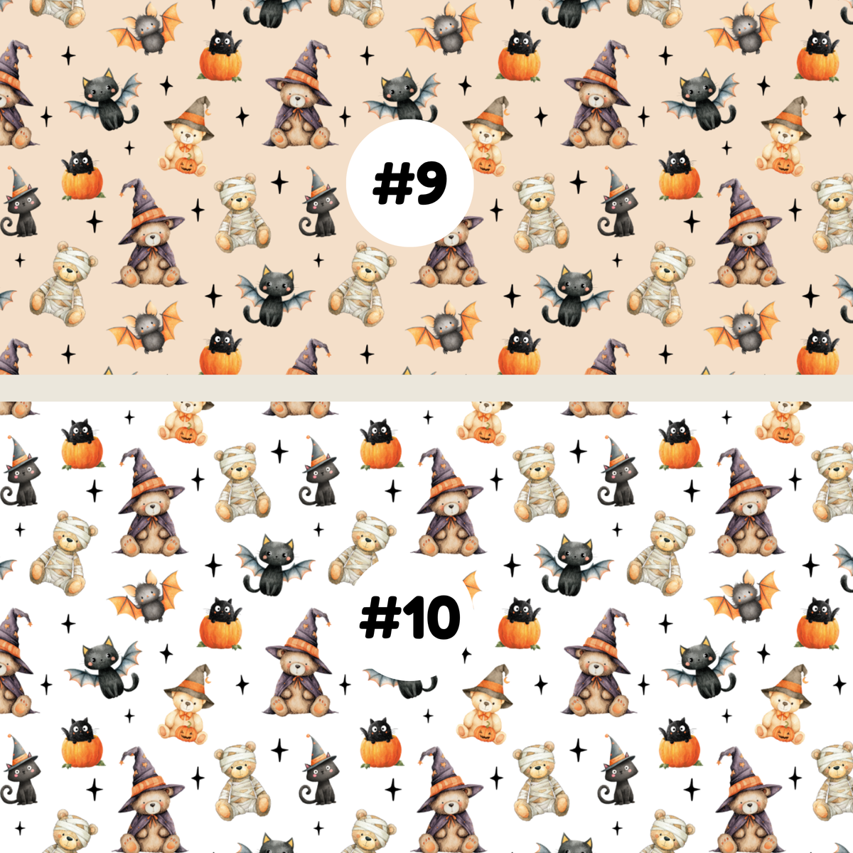 Two Halloween-themed repeating pattern swatches labeled #9 and #10. The top pattern #9 features teddy bears in witch hats, black cats, bats, and pumpkins on a beige background.
The bottom pattern #10 features teddy bears in witch hats, black cats, bats, and pumpkins on a white background.