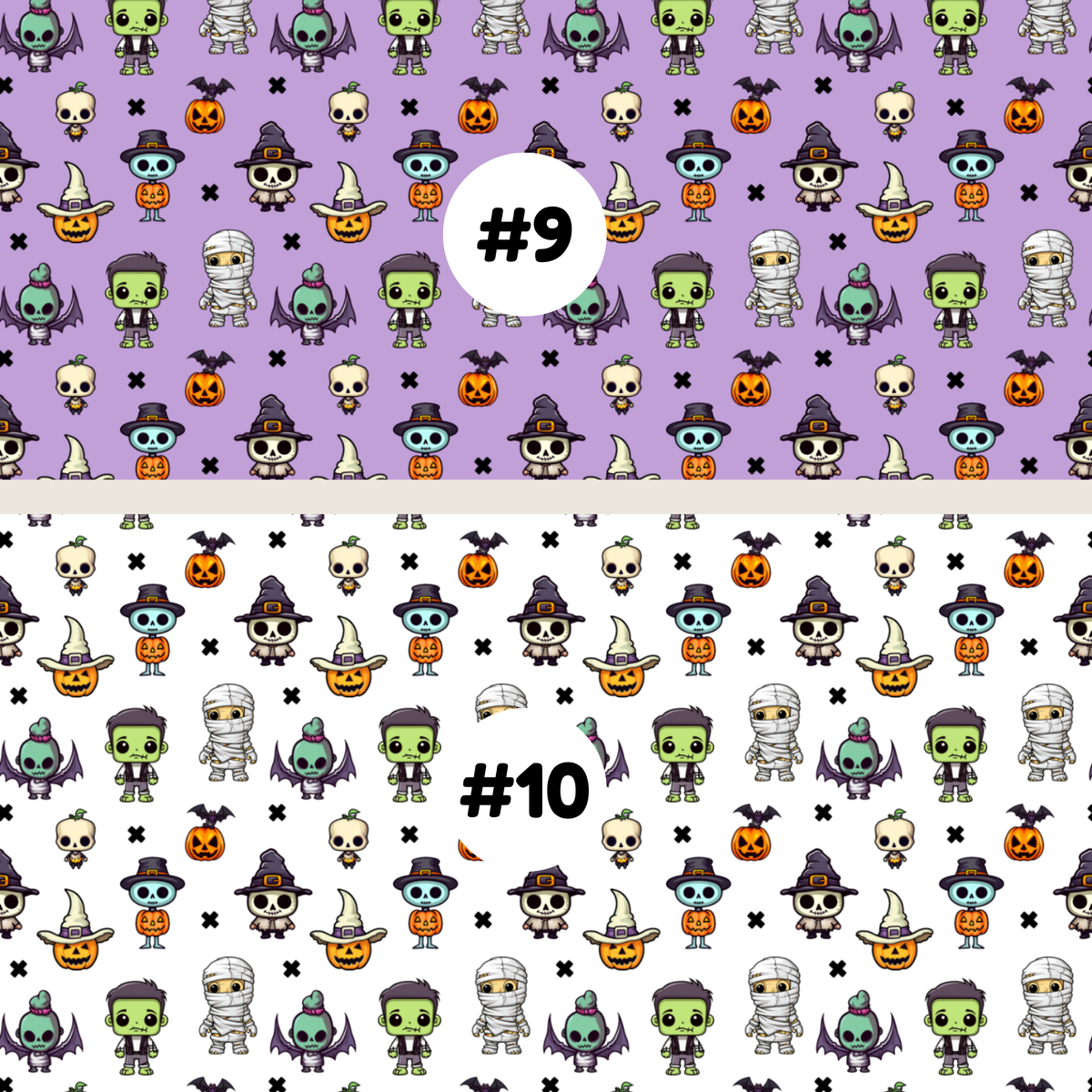 Two Halloween-themed repeating pattern swatches labeled #9 and #10. The top pattern #9 has a purple background with cartoon mummies, skulls, bats, ghosts, and pumpkins.
 The bottom pattern #10 has a white background with cartoon mummies, skulls, bats, ghosts, and pumpkins.