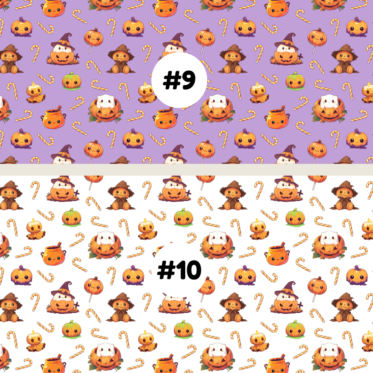 Two Halloween-themed repeating pattern swatches labeled #9 and #10. The top swatch #9 has a purple background with orange pumpkins, candy canes, and witch hats.
The bottom swatch #10 has a white background with orange pumpkins, candy canes, and witch hats.