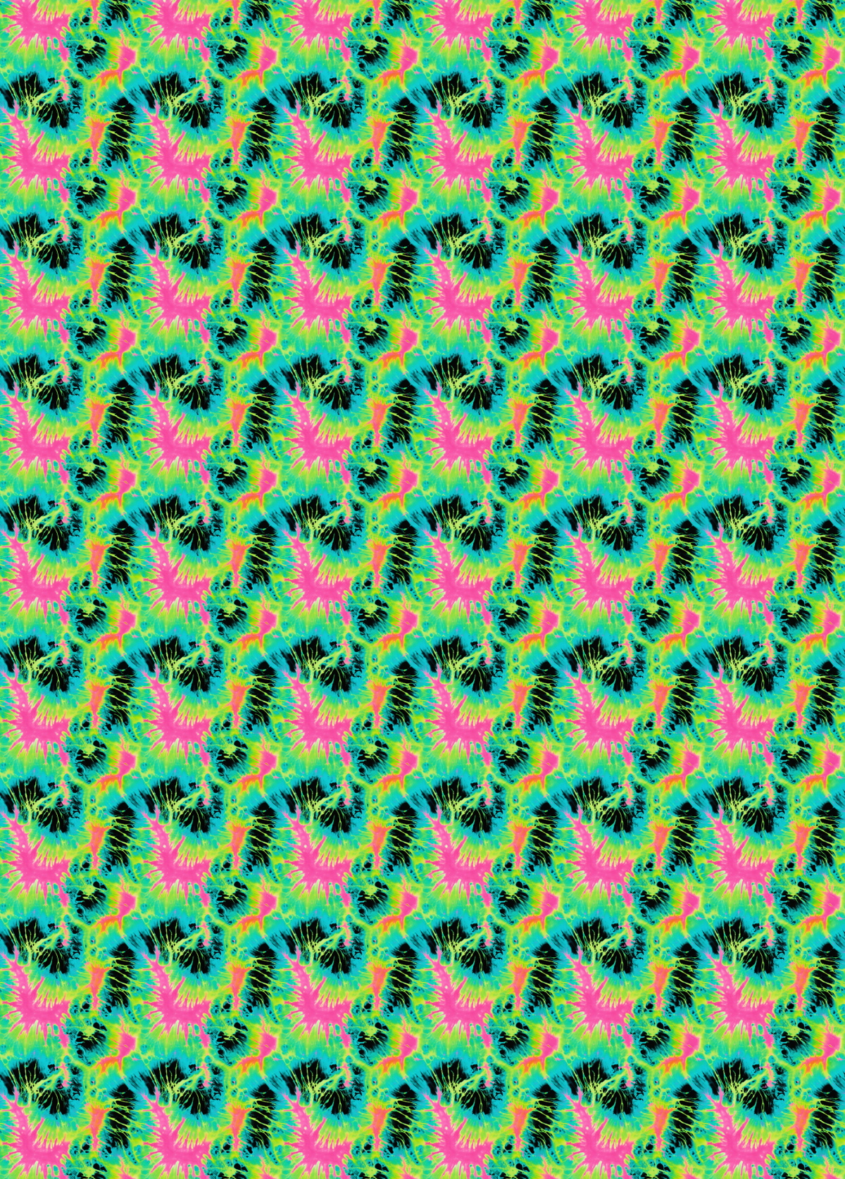 A seamless repeating pattern featuring psychedelic tie-dye swirls in neon pink, lime green, cyan, and black.