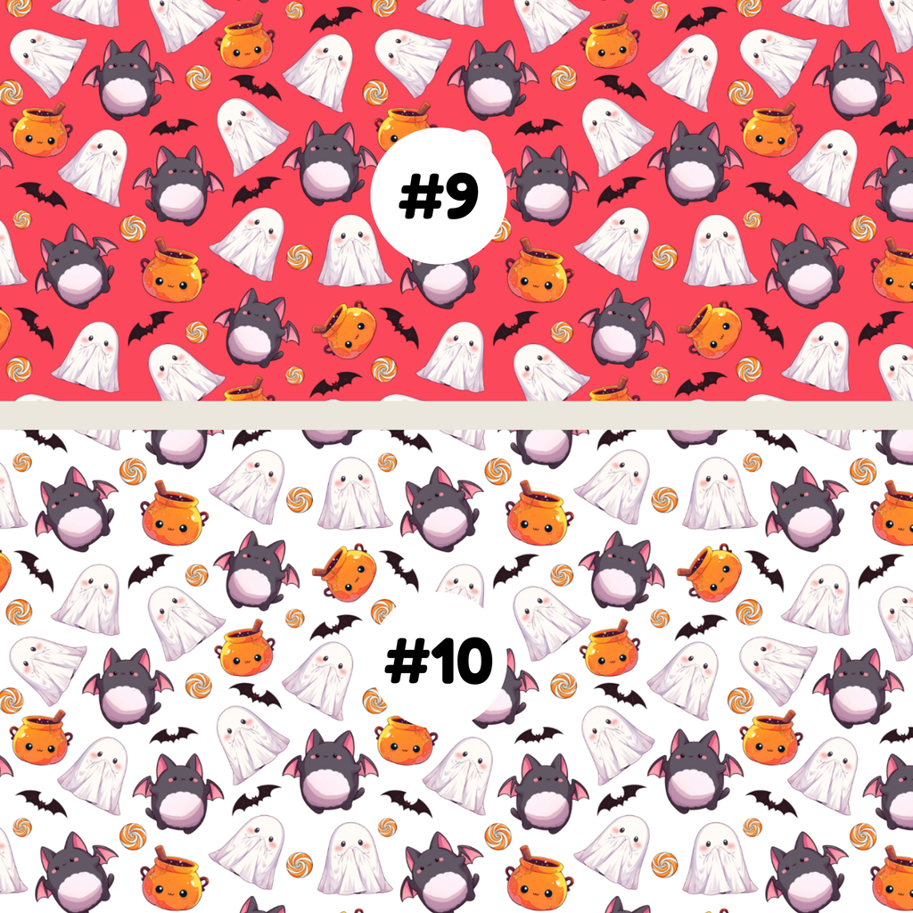 Two Halloween-themed repeating fabric or wallpaper patterns shown side by side, labeled #9 and #10. The top pattern #9 has a red background with white ghosts, dark gray cats, orange pumpkins, black bats, and small orange swirls.
 The bottom pattern #10 has a white background with white ghosts, dark gray cats, orange pumpkins, black bats, and small orange swirls.
