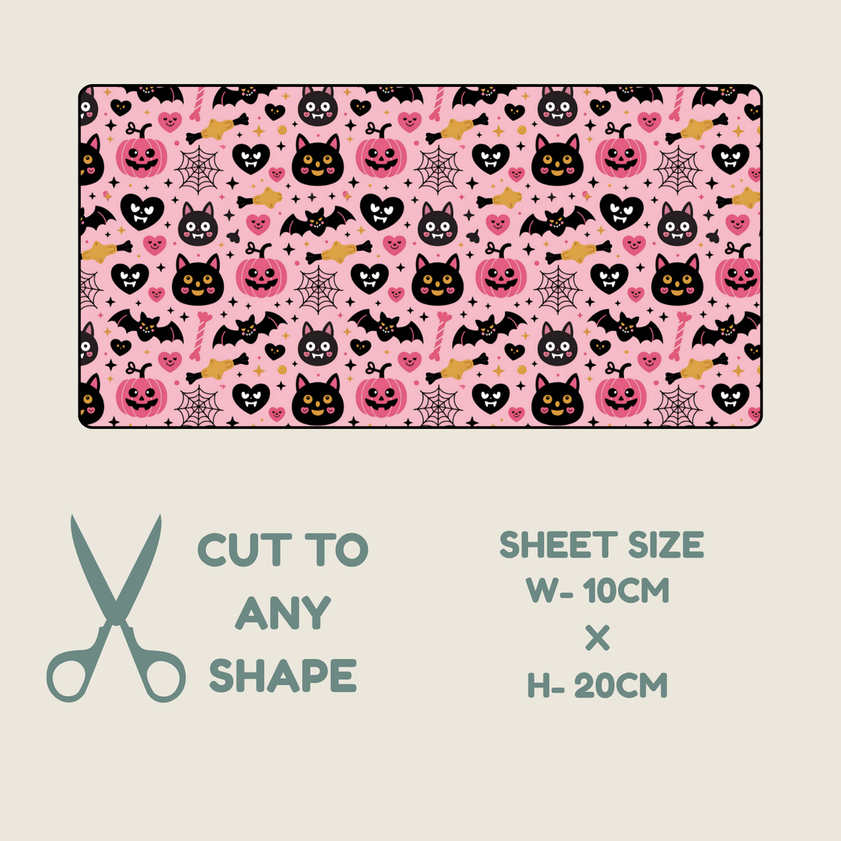  Tubie tape with a repeating Halloween pattern of black cats, pumpkins, bats, spiders, and hearts on a pink background, shown with text indicating sheet size 10cm x 20cm and the option to cut to any shape.