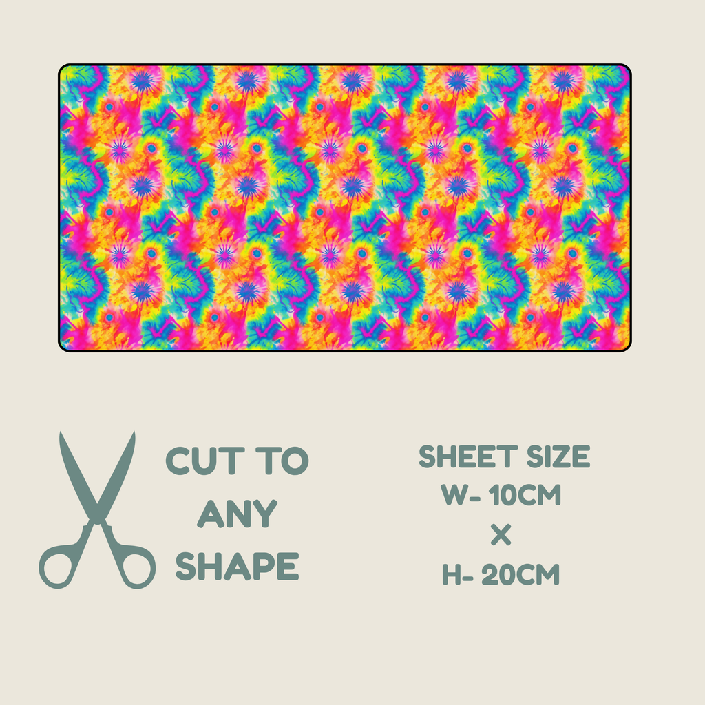 A colorful patterned fabric tubie tape shown on a beige background, with text below reading 'CUT TO ANY SHAPE', 'SHEET SIZE W-10CM X H-20CM', and a scissors icon indicating customizable cutting.