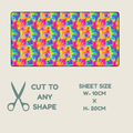 A colorful patterned fabric tubie tape shown on a beige background, with text below reading 'CUT TO ANY SHAPE', 'SHEET SIZE W-10CM X H-20CM', and a scissors icon indicating customizable cutting.