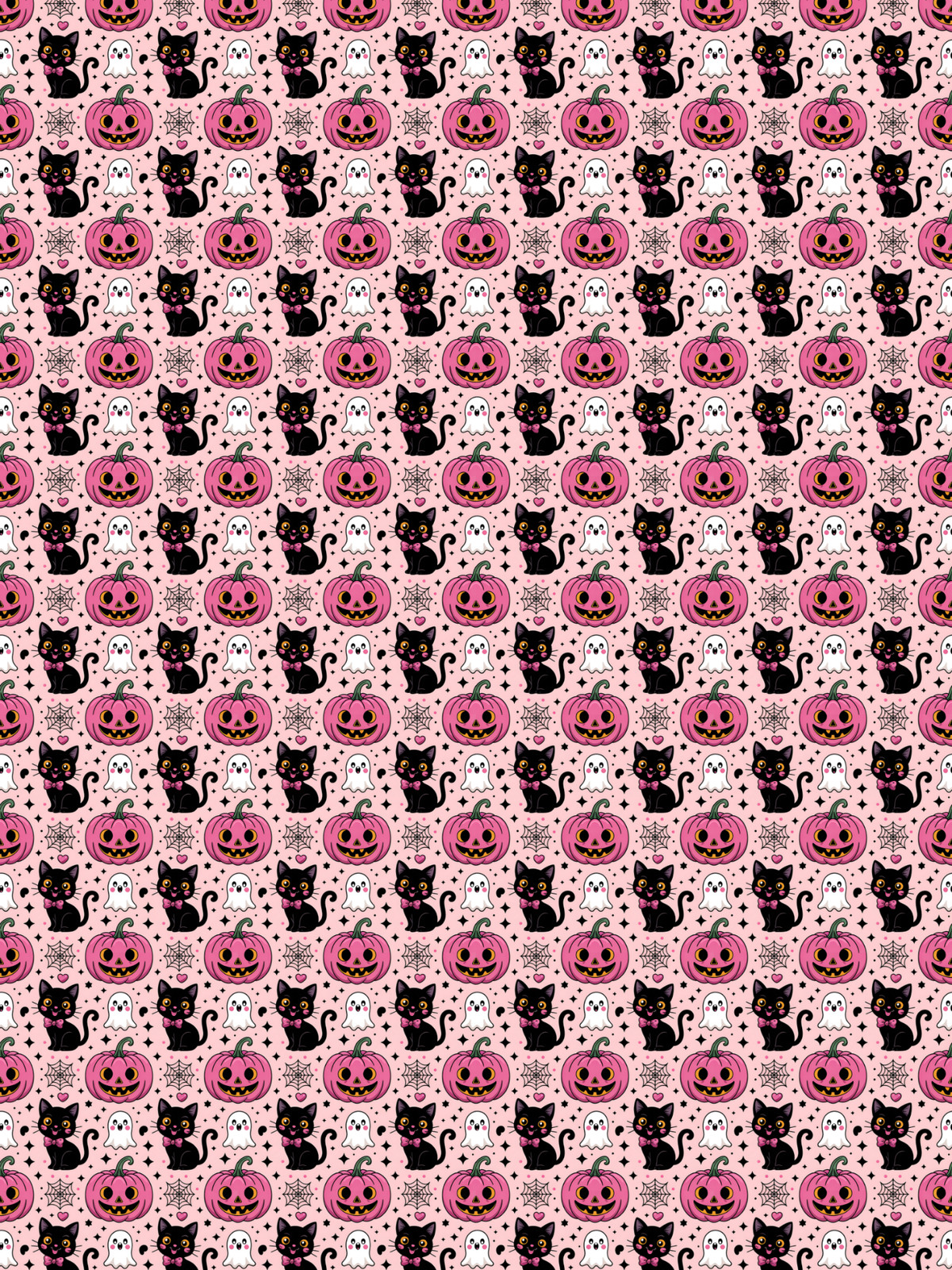 Tubie tape with a repeating Halloween-themed pattern featuring black and white cats inside pink jack-o'-lanterns on a light pink background with small white dots.