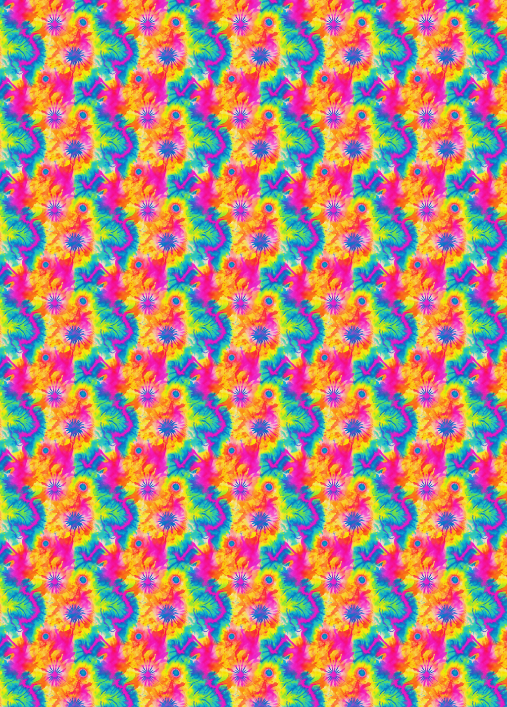 tubie tape with a seamless repeating pattern featuring vibrant, psychedelic floral motifs in a rainbow spectrum of pink, yellow, blue, green, and purple.