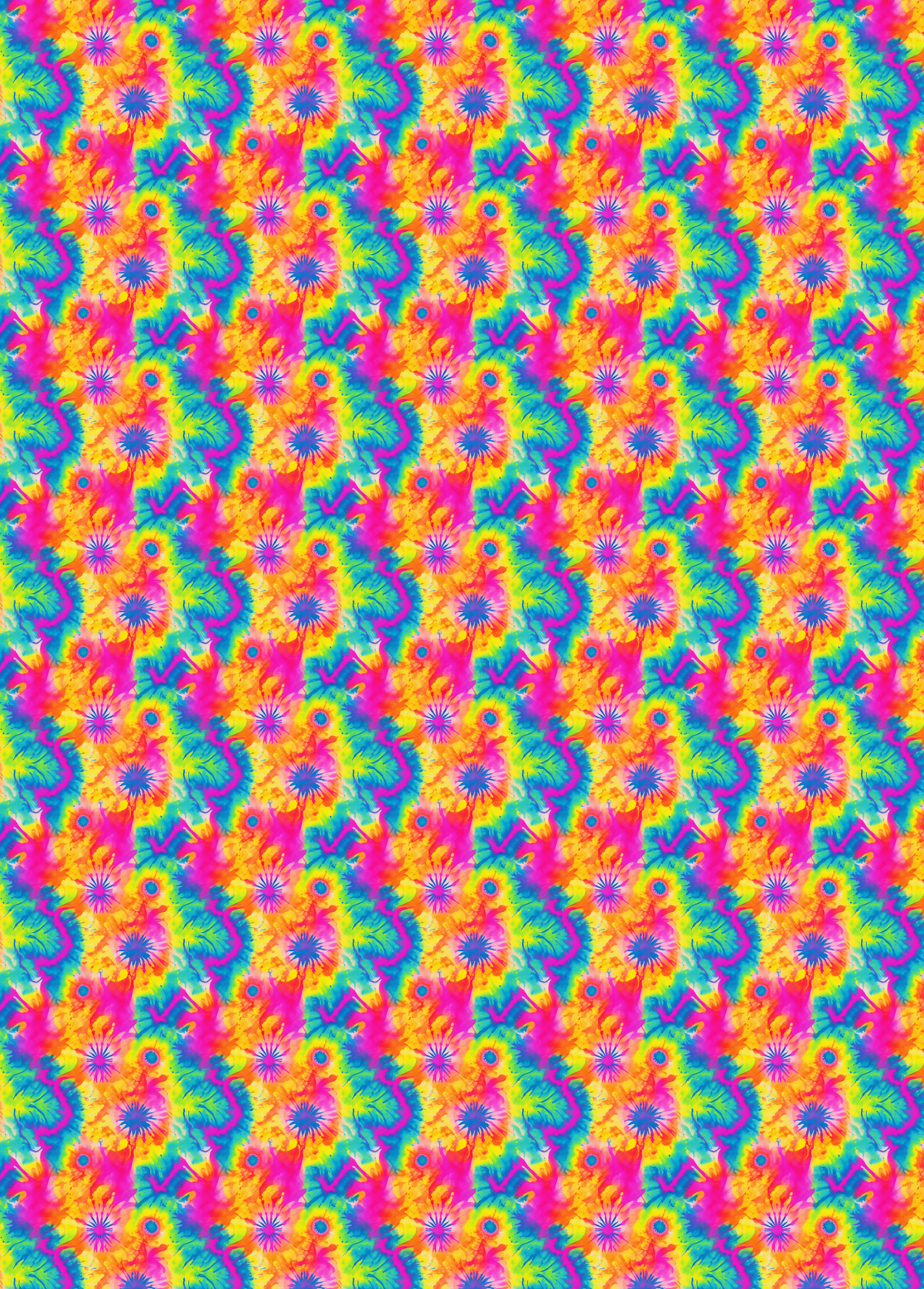 tubie tape with a seamless repeating pattern featuring vibrant, psychedelic floral motifs in a rainbow spectrum of pink, yellow, blue, green, and purple.