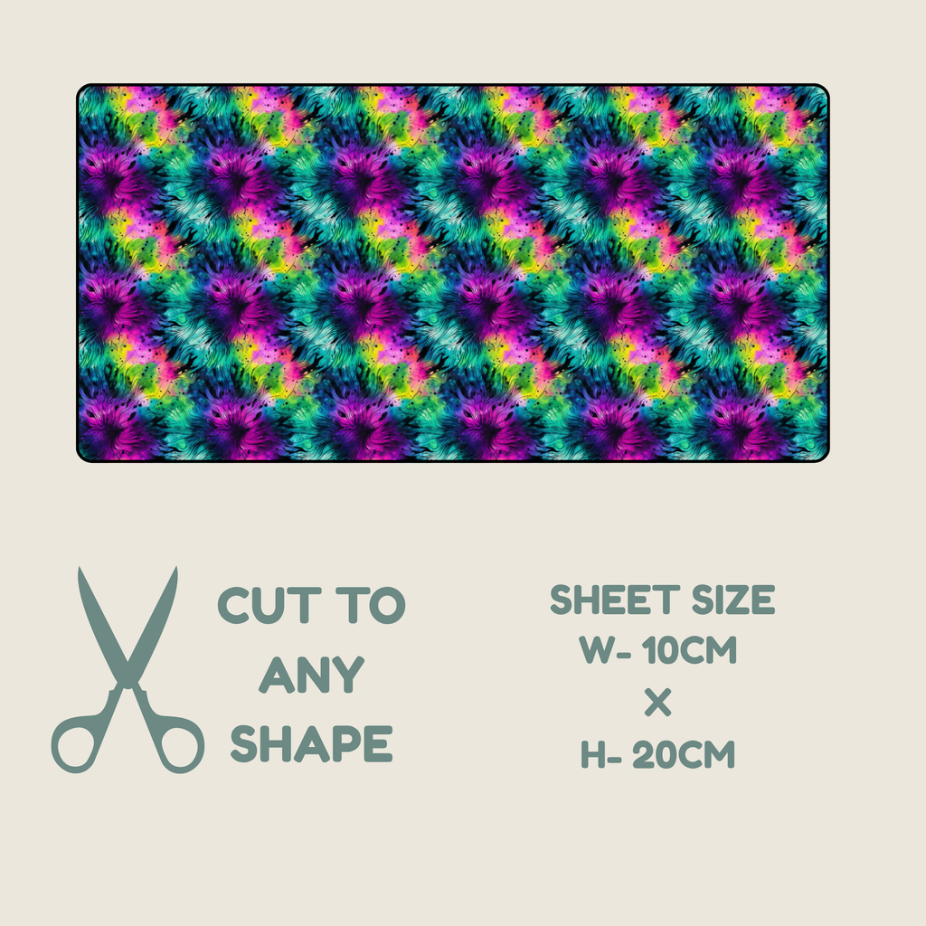 A colorful tubie tape sheet with a repeating abstract floral or tie-dye style design in purple, blue, teal, and green, shown on a light beige background with text reading 'CUT TO ANY SHAPE' and 'SHEET SIZE W-10CM x H-20CM'. 
