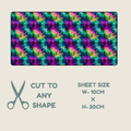 A colorful tubie tape sheet with a repeating abstract floral or tie-dye style design in purple, blue, teal, and green, shown on a light beige background with text reading 'CUT TO ANY SHAPE' and 'SHEET SIZE W-10CM x H-20CM'. 