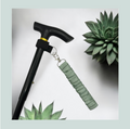 A black cane with a curved T-handle and a green fabric wrist strap, styled with succulent plants on a light gray background.