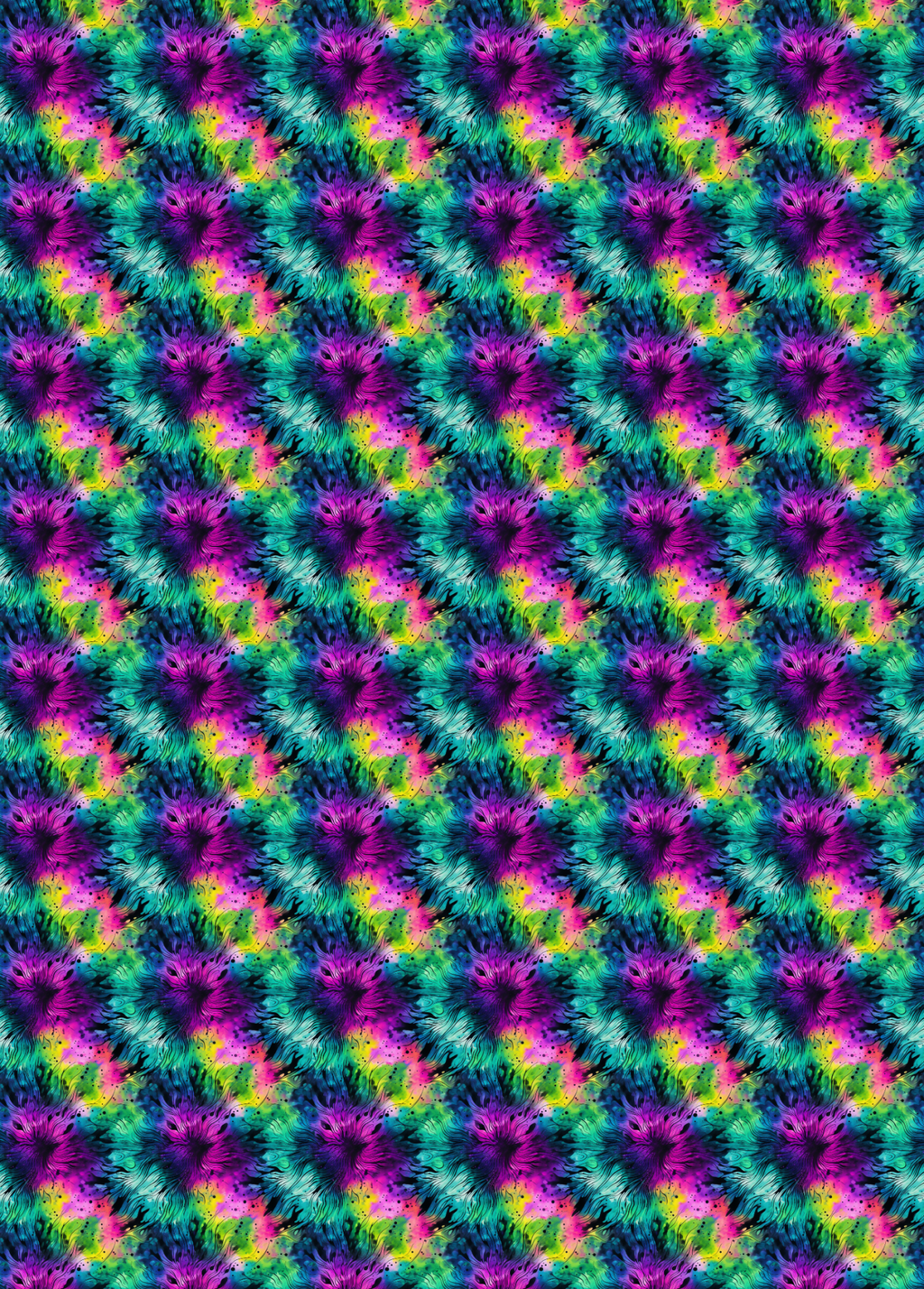 tubie tape with a seamless repeating pattern featuring vibrant, psychedelic floral or starburst motifs in shades of magenta, purple, cyan, green, and neon yellow.