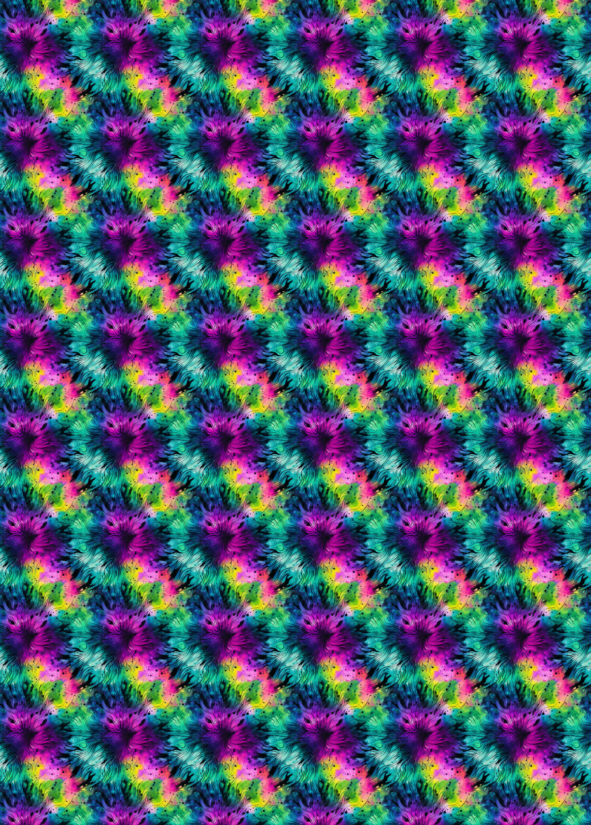 tubie tape with a seamless repeating pattern featuring vibrant, psychedelic floral or starburst motifs in shades of magenta, purple, cyan, green, and neon yellow.